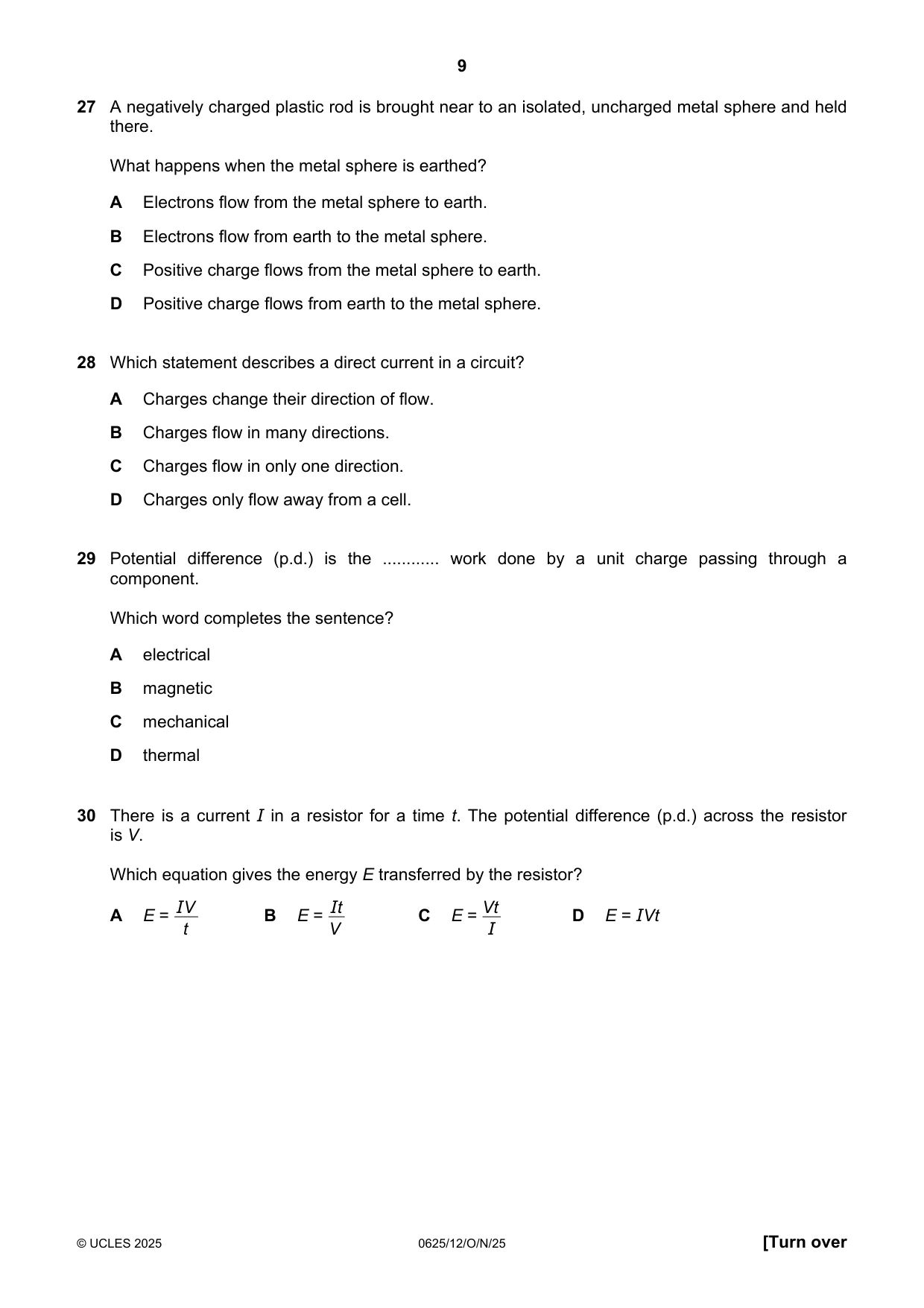 Cambridge IGCSE Physics 0625 2025 Oct/Nov Paper 1 · Variant 2 question paper, page 9 of 16
