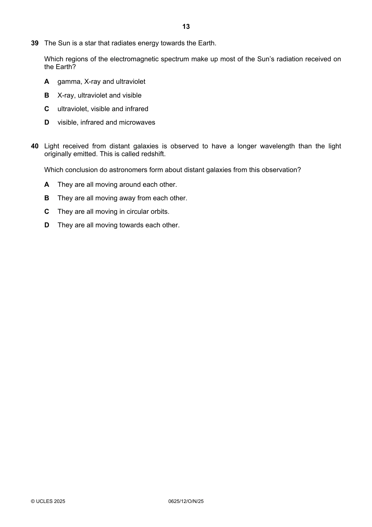 Cambridge IGCSE Physics 0625 2025 Oct/Nov Paper 1 · Variant 2 question paper, page 13 of 16