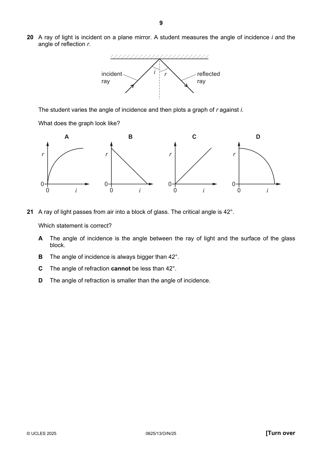Cambridge IGCSE Physics 0625 2025 Oct/Nov Paper 1 · Variant 3 question paper, page 9 of 16