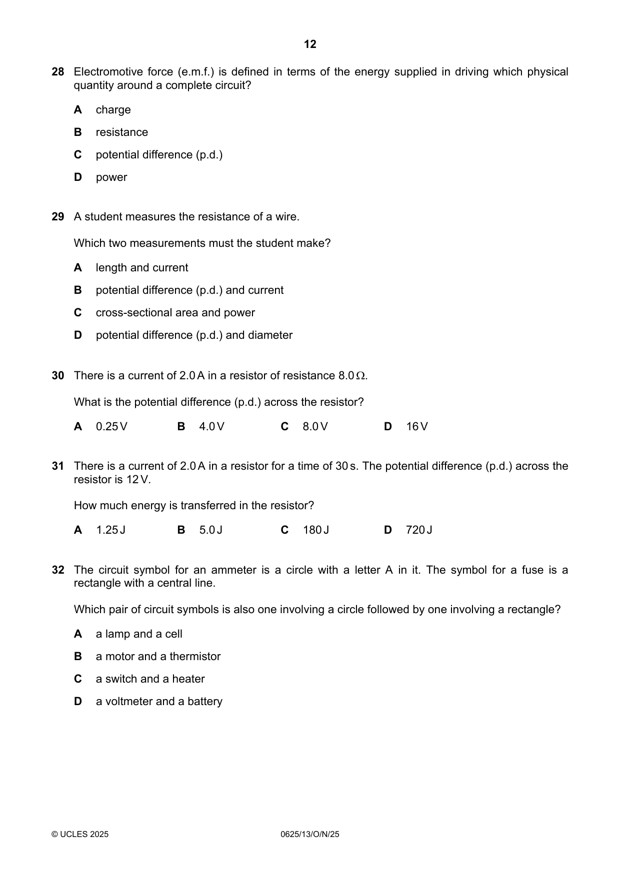 Cambridge IGCSE Physics 0625 2025 Oct/Nov Paper 1 · Variant 3 question paper, page 12 of 16
