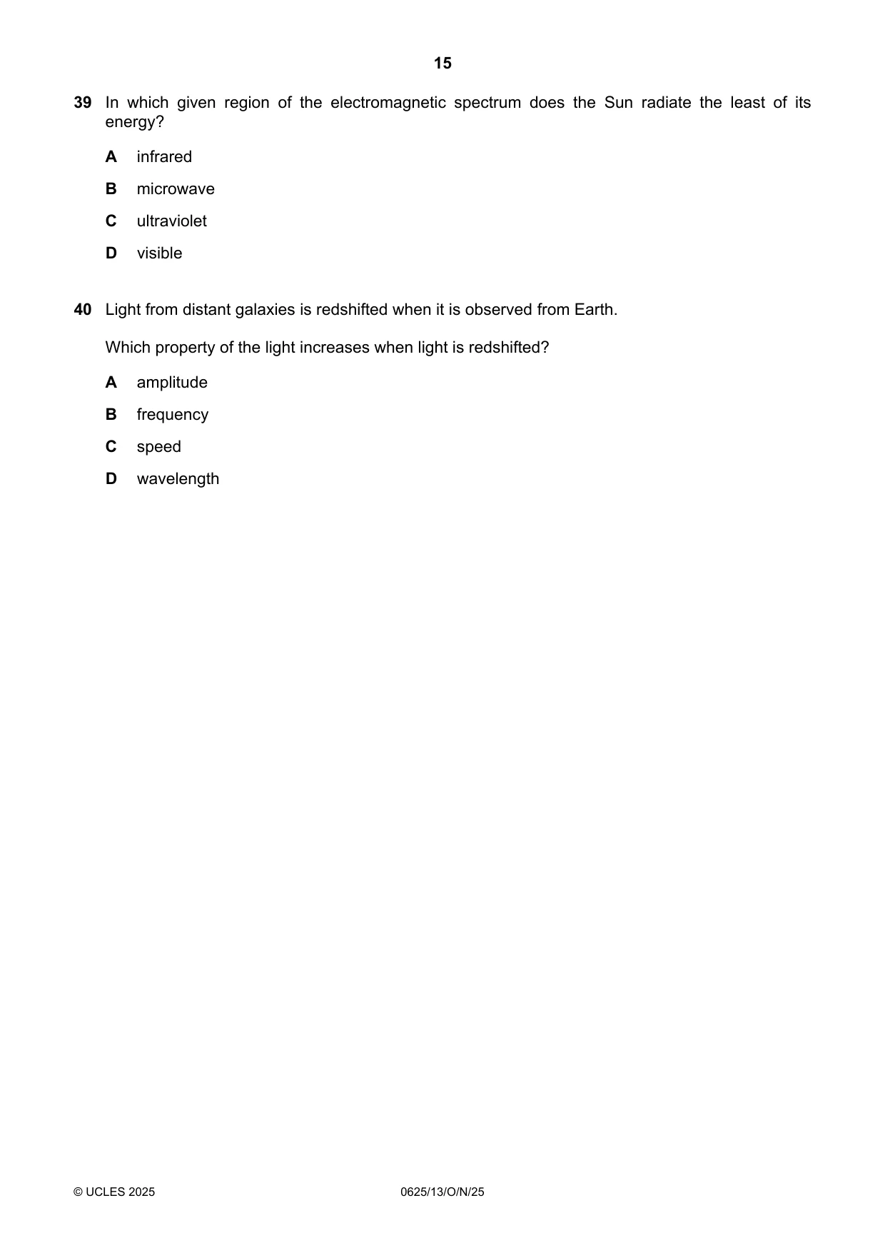 Cambridge IGCSE Physics 0625 2025 Oct/Nov Paper 1 · Variant 3 question paper, page 15 of 16