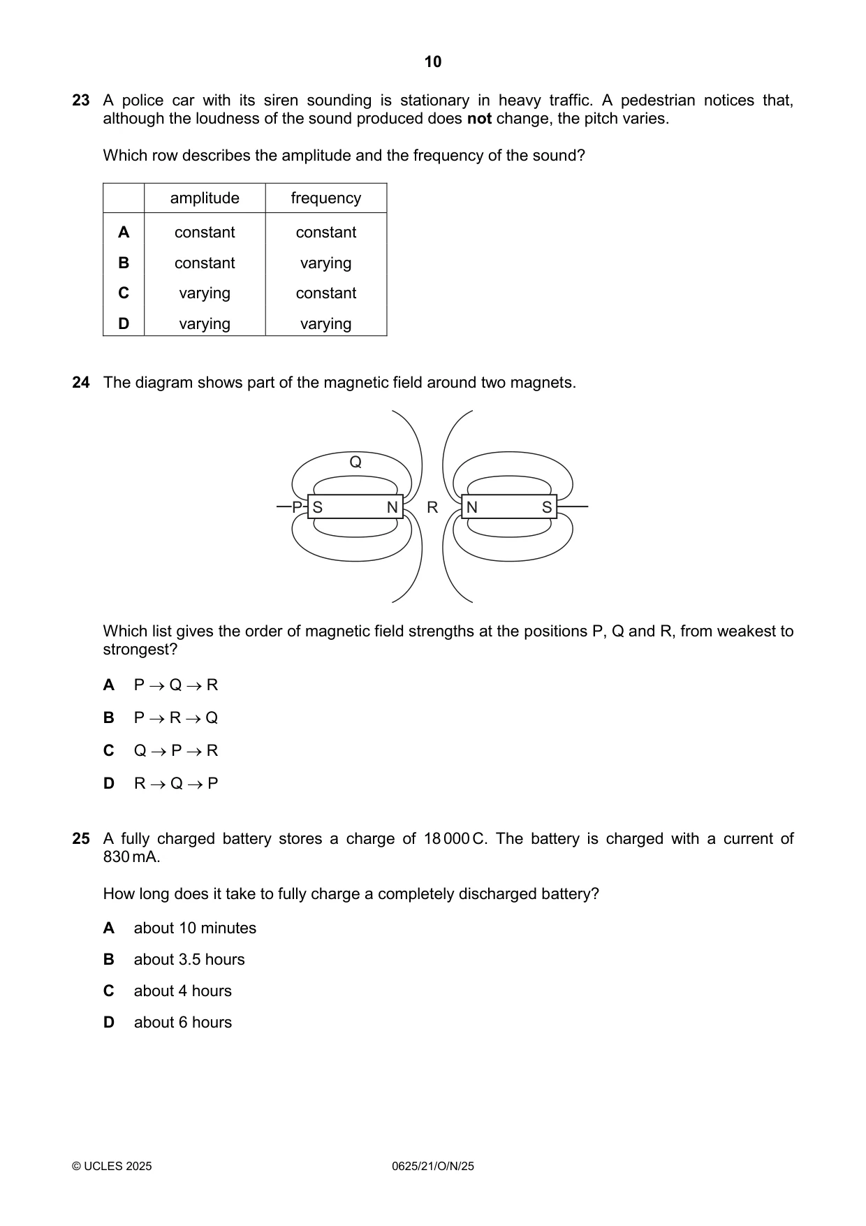 Cambridge IGCSE Physics 0625 2025 Oct/Nov Paper 2 · Variant 1 question paper, page 10 of 16