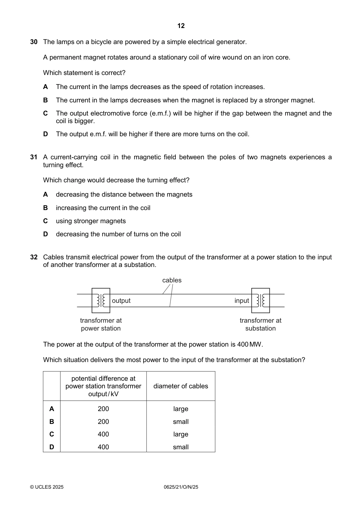 Cambridge IGCSE Physics 0625 2025 Oct/Nov Paper 2 · Variant 1 question paper, page 12 of 16