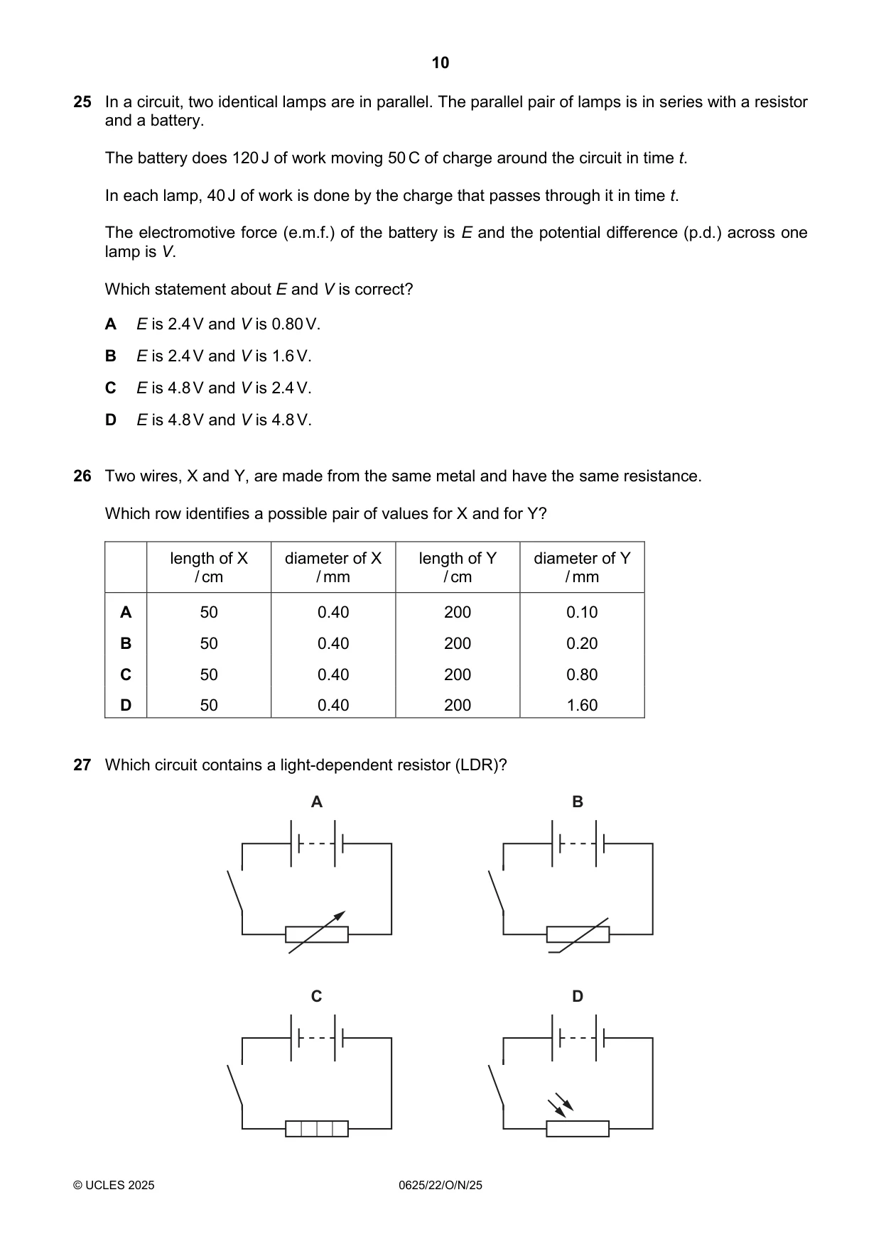 Cambridge IGCSE Physics 0625 2025 Oct/Nov Paper 2 · Variant 2 question paper, page 10 of 16