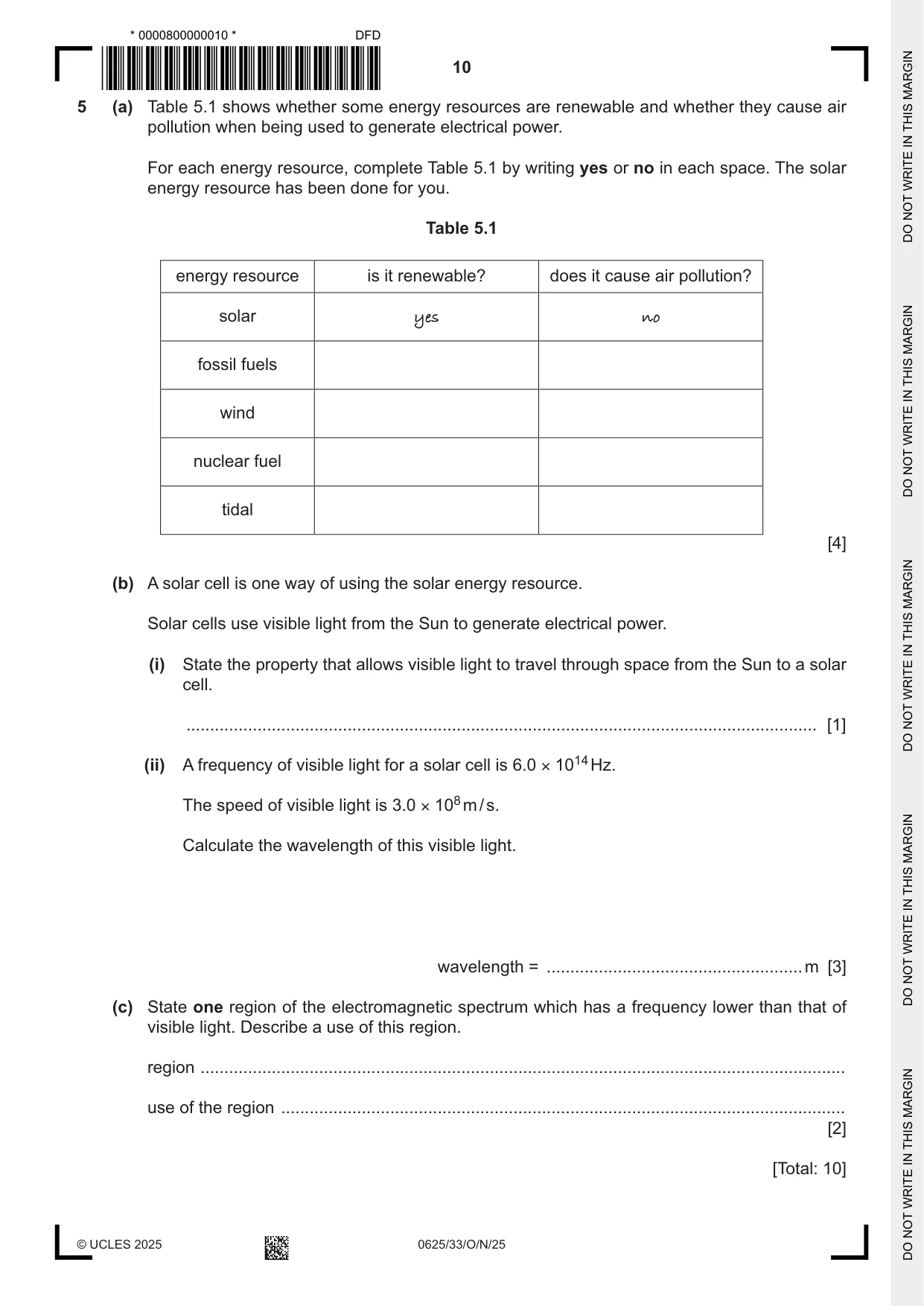 Cambridge IGCSE Physics 0625 2025 Oct/Nov Paper 3 · Variant 3 question paper, page 10 of 16