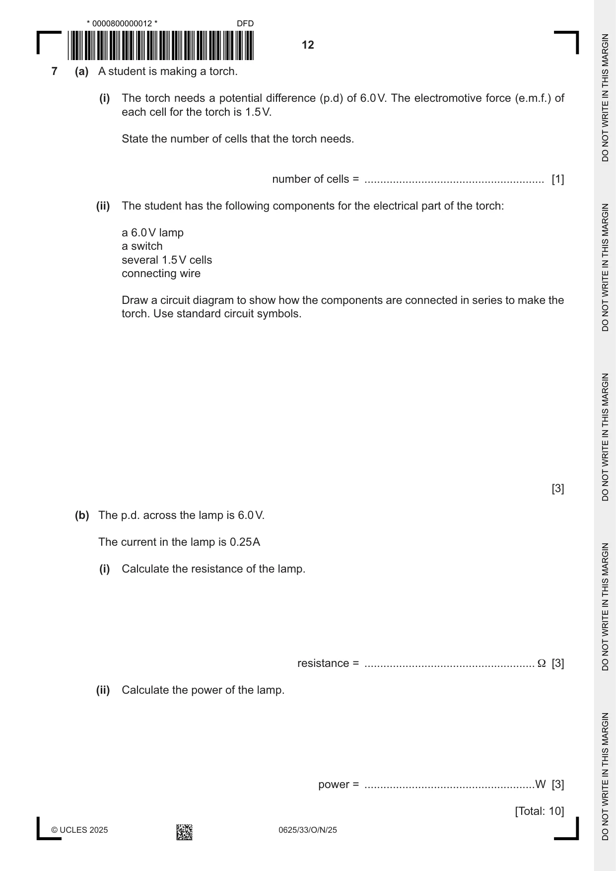 Cambridge IGCSE Physics 0625 2025 Oct/Nov Paper 3 · Variant 3 question paper, page 12 of 16