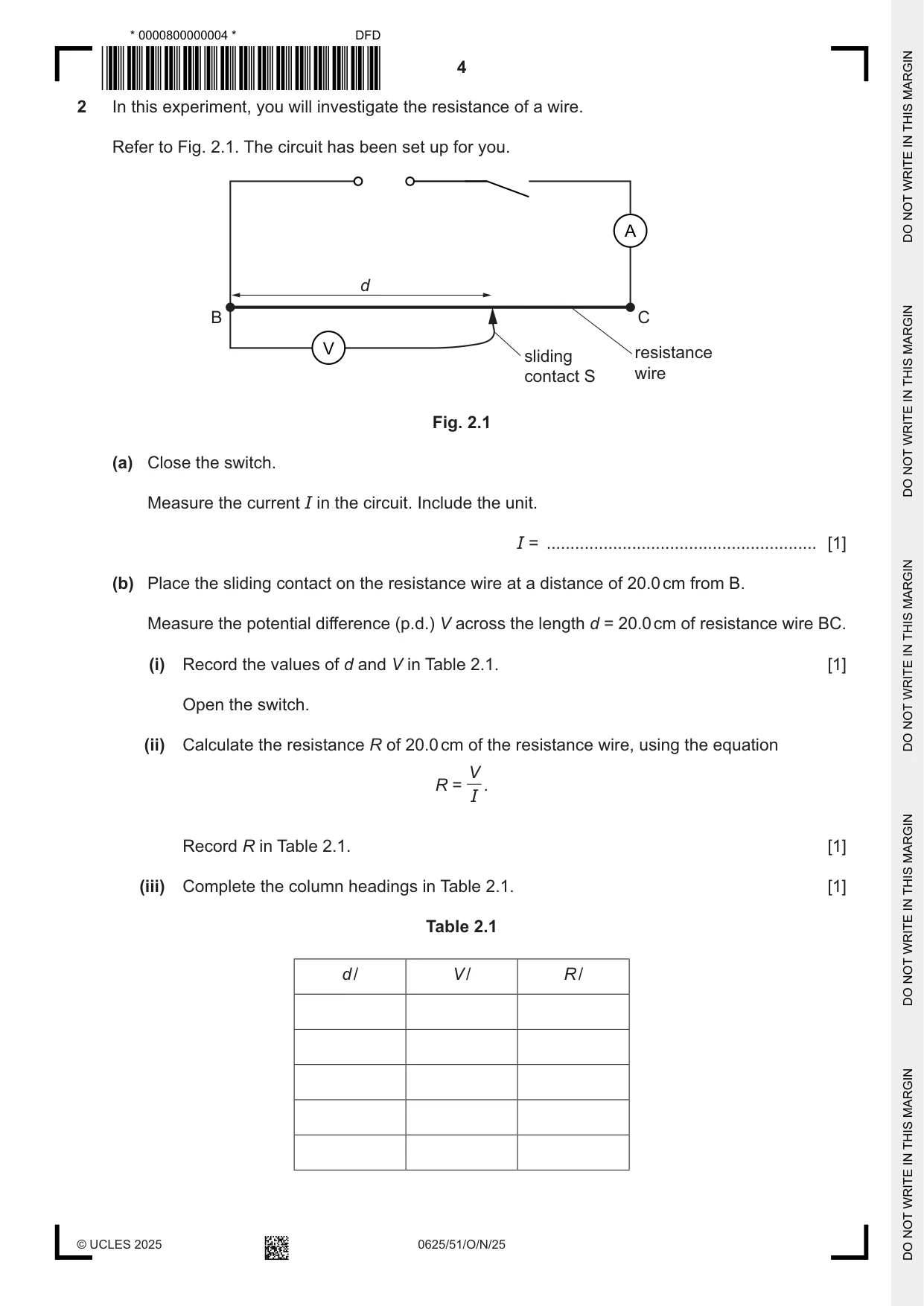 Cambridge IGCSE Physics 0625 2025 Oct/Nov Paper 5 · Variant 1 question paper, page 4 of 12