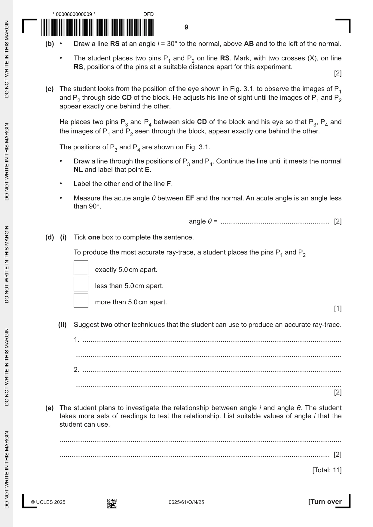 Cambridge IGCSE Physics 0625 2025 Oct/Nov Paper 6 · Variant 1 question paper, page 9 of 12