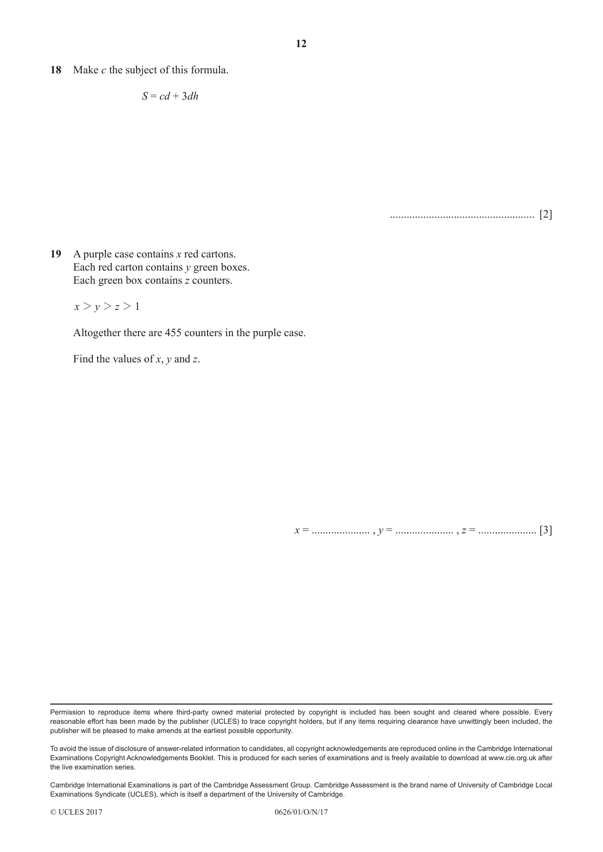 Cambridge IGCSE Mathematics (9-1) (UK only) 0626 2017 Oct/Nov Paper 1 · Variant 1 question paper, page 12 of 12