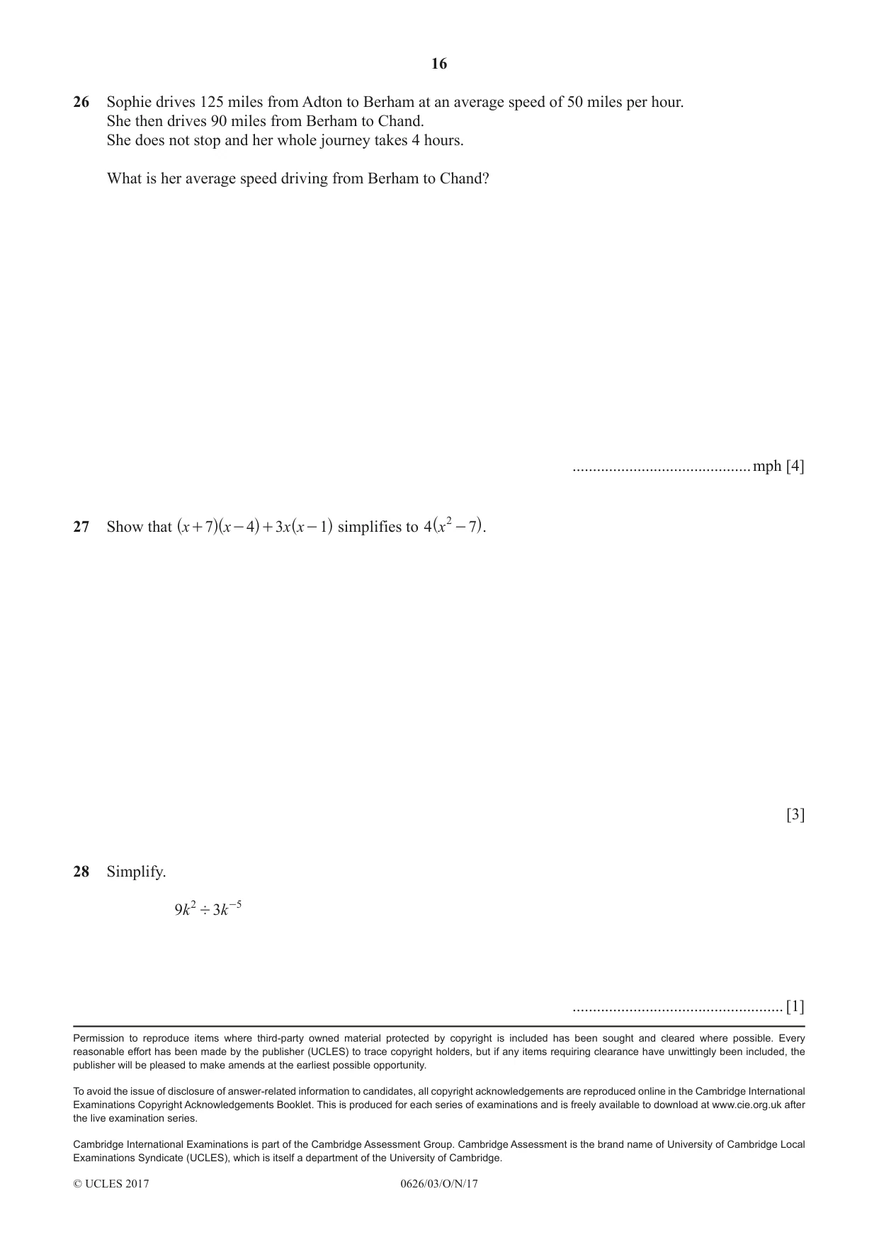 Cambridge IGCSE Mathematics (9-1) (UK only) 0626 2017 Oct/Nov Paper 3 · Variant 1 question paper, page 16 of 16
