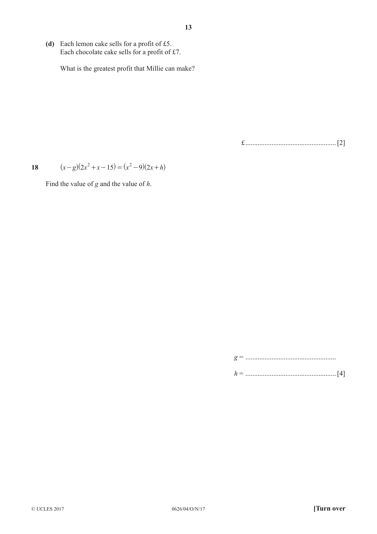 Cambridge IGCSE Mathematics (9-1) (UK only) 0626 2017 Oct/Nov Paper 4 · Variant 1 question paper, page 13 of 16
