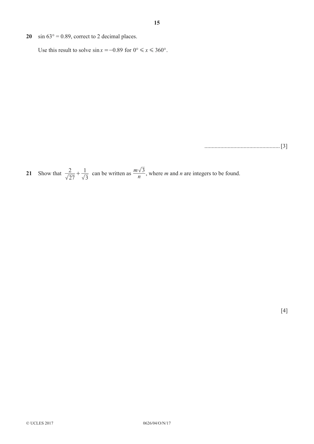 Cambridge IGCSE Mathematics (9-1) (UK only) 0626 2017 Oct/Nov Paper 4 · Variant 1 question paper, page 15 of 16