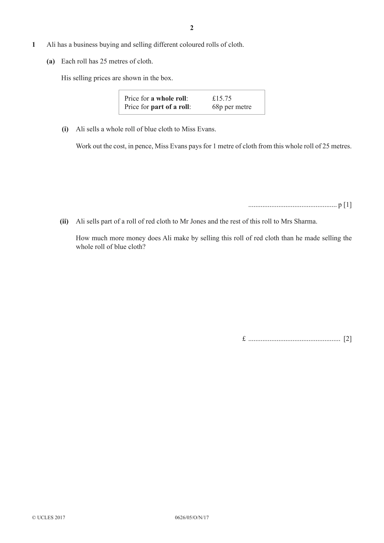 Cambridge IGCSE Mathematics (9-1) (UK only) 0626 2017 Oct/Nov Paper 5 · Variant 1 question paper, page 2 of 20