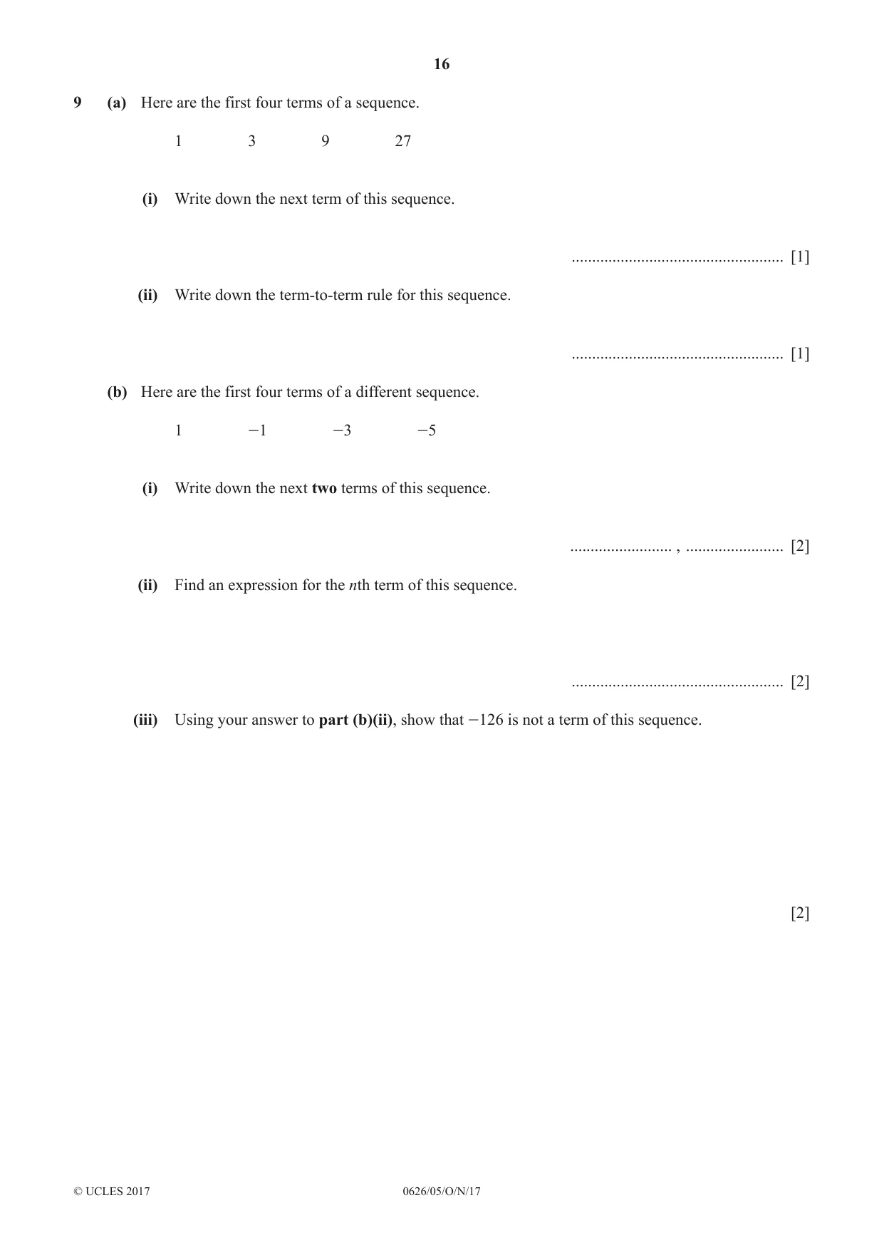 Cambridge IGCSE Mathematics (9-1) (UK only) 0626 2017 Oct/Nov Paper 5 · Variant 1 question paper, page 16 of 20