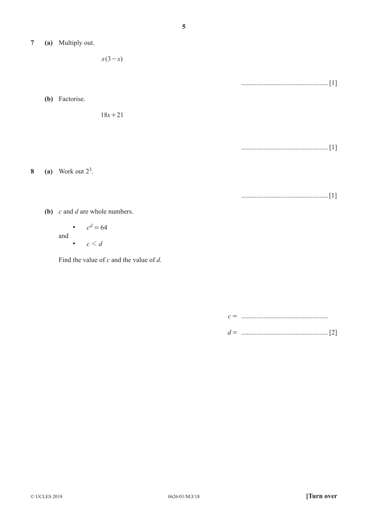 Cambridge IGCSE Mathematics (9-1) (UK only) 0626 2018 May/June Paper 1 · Variant 0 question paper, page 5 of 16