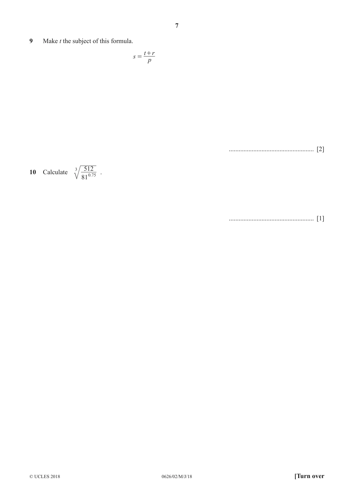 Cambridge IGCSE Mathematics (9-1) (UK only) 0626 2018 May/June Paper 2 · Variant 0 question paper, page 7 of 16