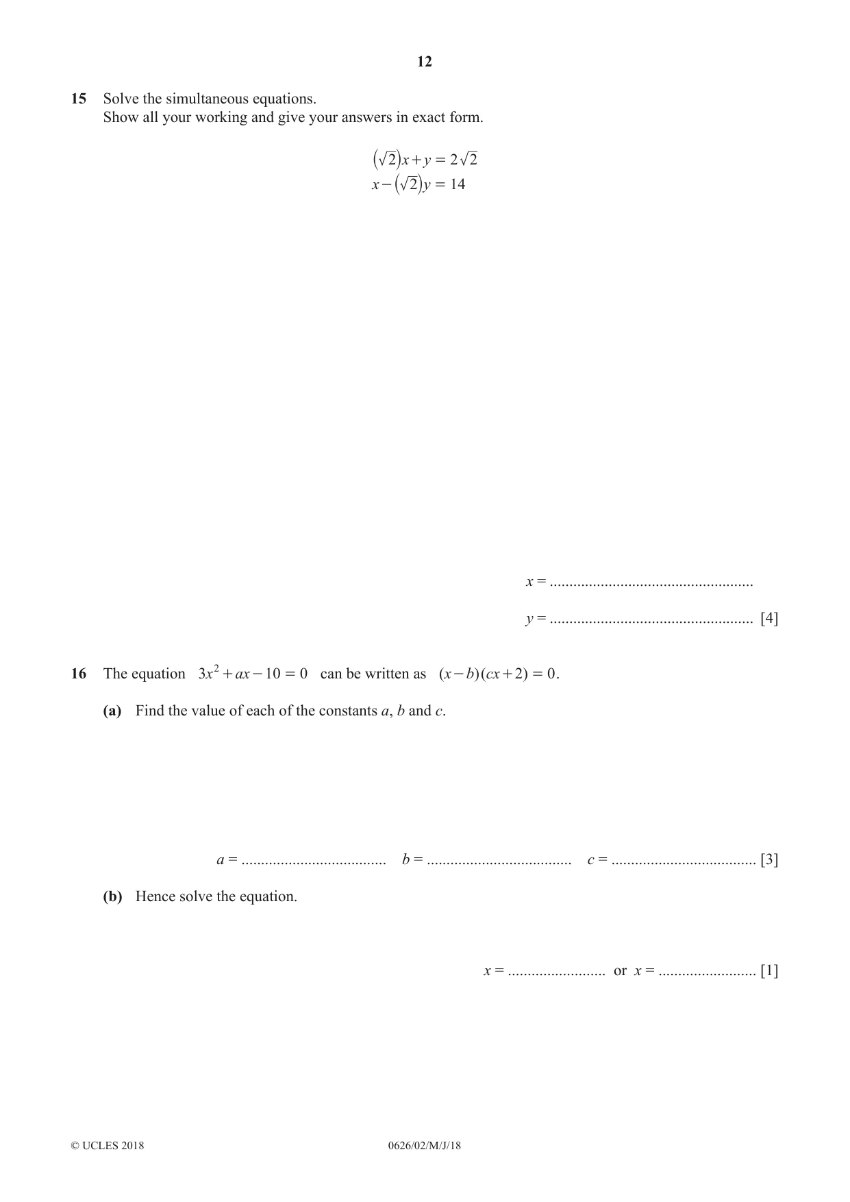 Cambridge IGCSE Mathematics (9-1) (UK only) 0626 2018 May/June Paper 2 · Variant 0 question paper, page 12 of 16