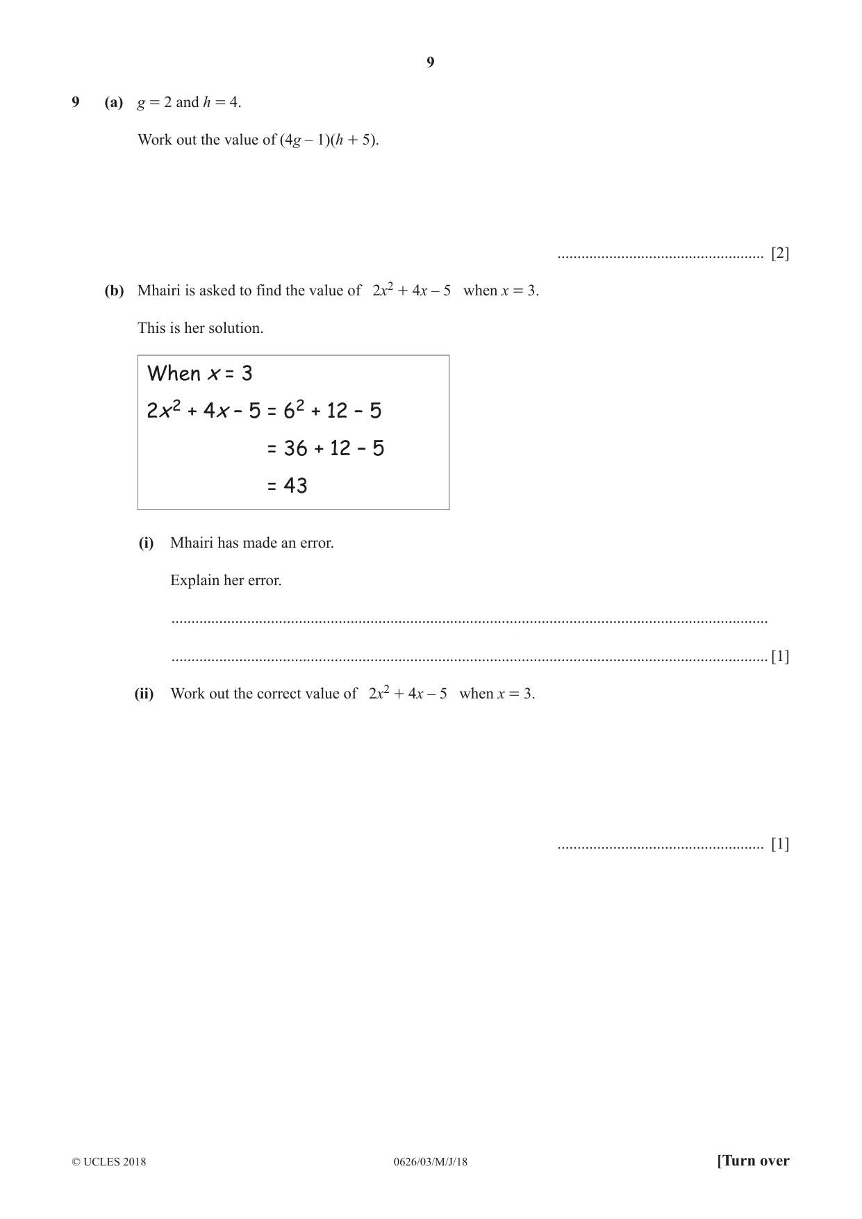 Cambridge IGCSE Mathematics (9-1) (UK only) 0626 2018 May/June Paper 3 · Variant 0 question paper, page 9 of 20