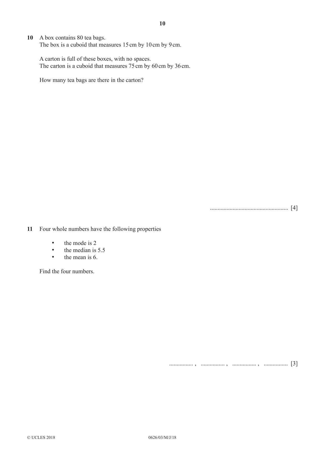 Cambridge IGCSE Mathematics (9-1) (UK only) 0626 2018 May/June Paper 3 · Variant 0 question paper, page 10 of 20