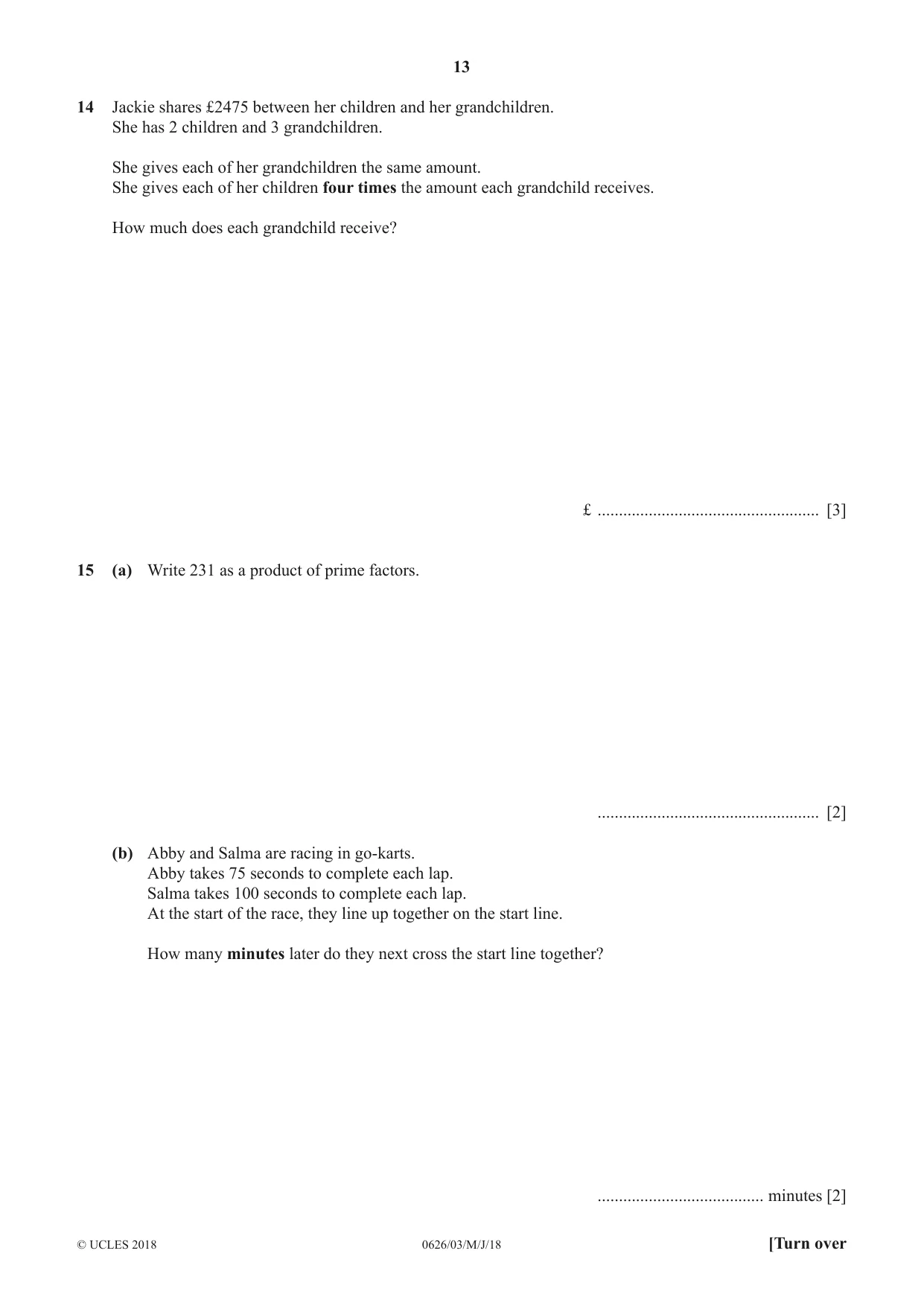 Cambridge IGCSE Mathematics (9-1) (UK only) 0626 2018 May/June Paper 3 · Variant 0 question paper, page 13 of 20