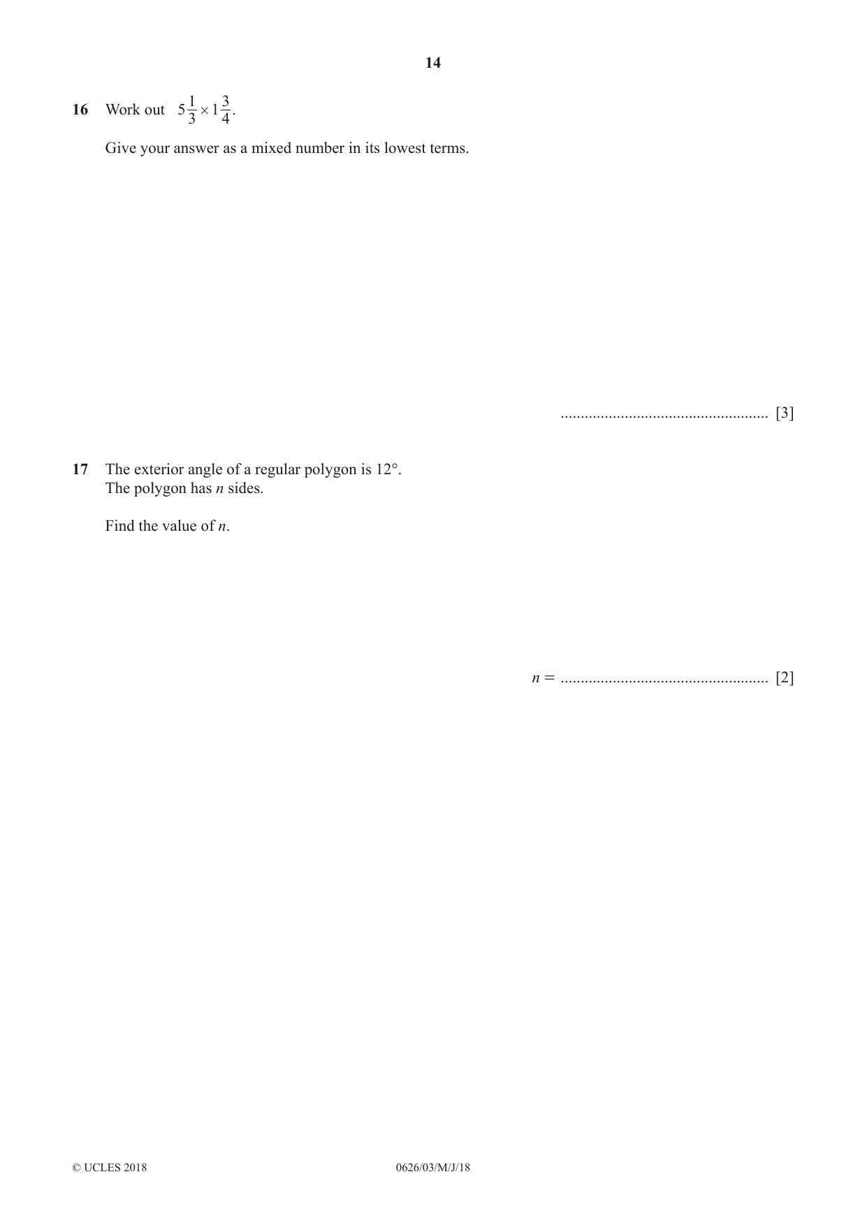 Cambridge IGCSE Mathematics (9-1) (UK only) 0626 2018 May/June Paper 3 · Variant 0 question paper, page 14 of 20