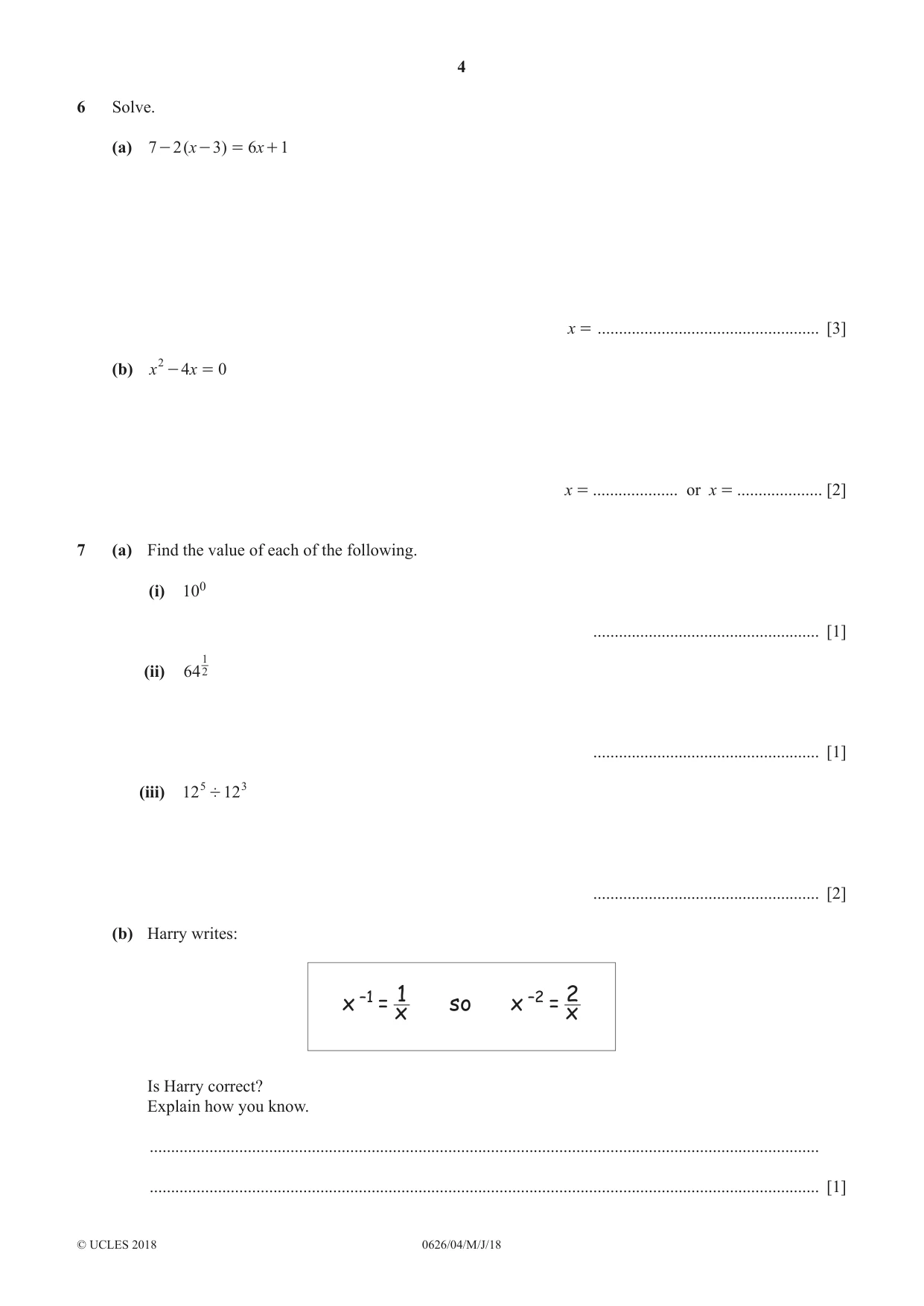 Cambridge IGCSE Mathematics (9-1) (UK only) 0626 2018 May/June Paper 4 · Variant 0 question paper, page 4 of 16