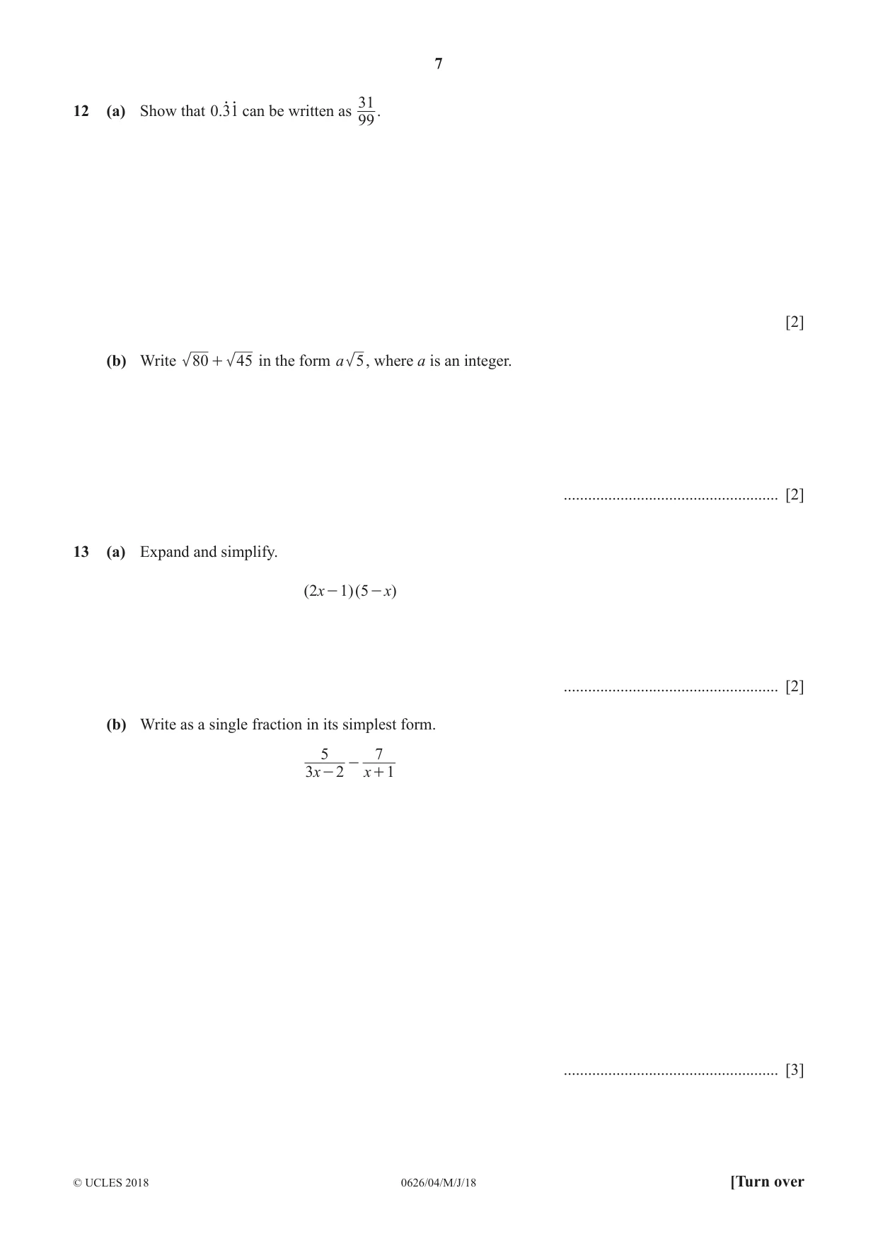 Cambridge IGCSE Mathematics (9-1) (UK only) 0626 2018 May/June Paper 4 · Variant 0 question paper, page 7 of 16