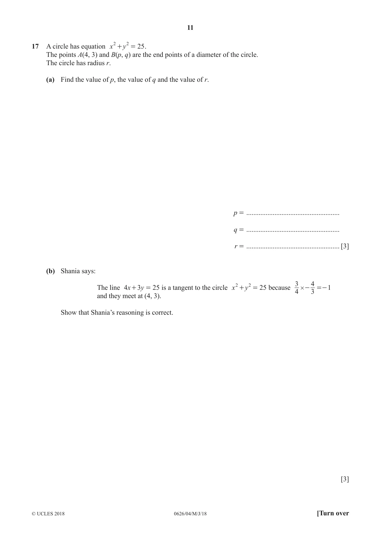 Cambridge IGCSE Mathematics (9-1) (UK only) 0626 2018 May/June Paper 4 · Variant 0 question paper, page 11 of 16