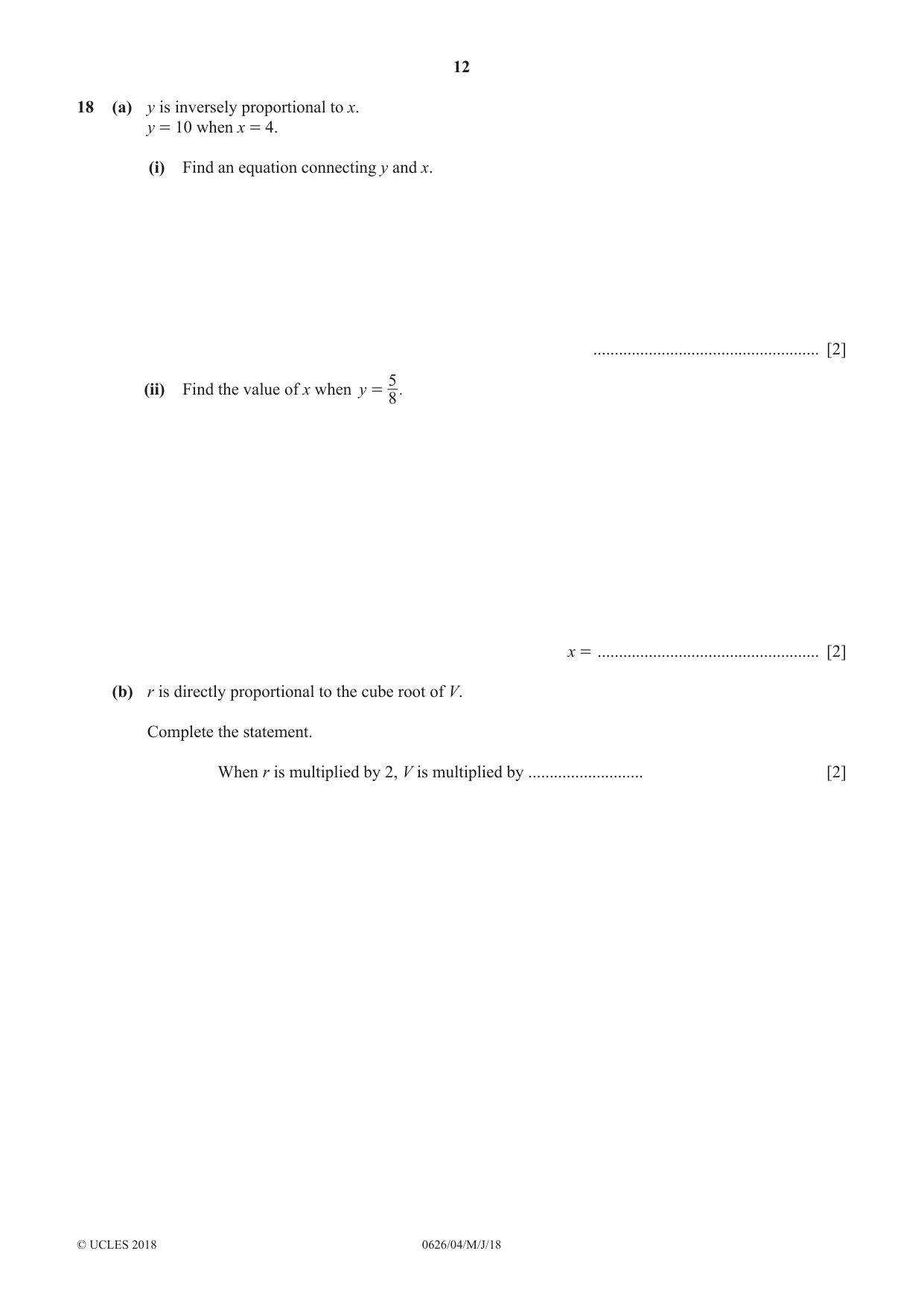 Cambridge IGCSE Mathematics (9-1) (UK only) 0626 2018 May/June Paper 4 · Variant 0 question paper, page 12 of 16