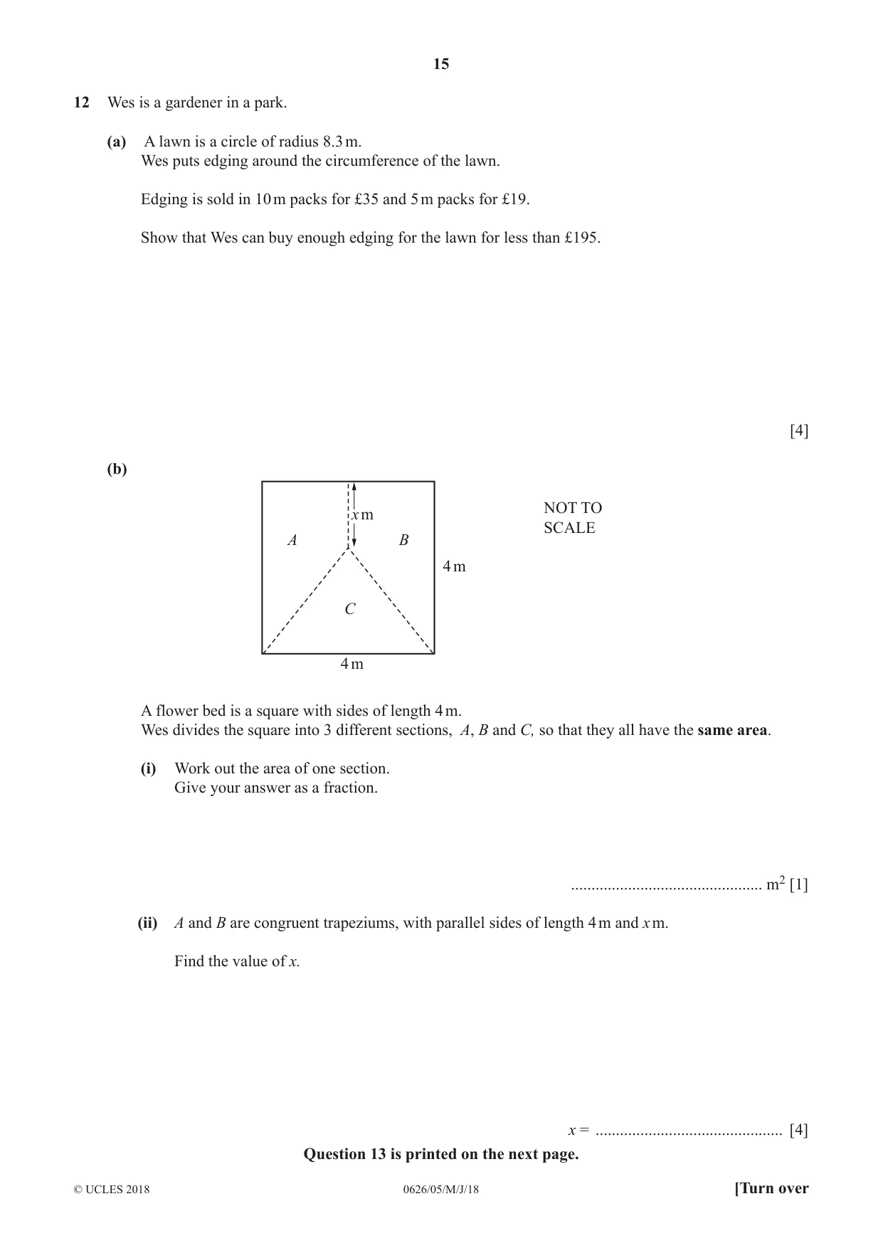 Cambridge IGCSE Mathematics (9-1) (UK only) 0626 2018 May/June Paper 5 · Variant 0 question paper, page 15 of 16