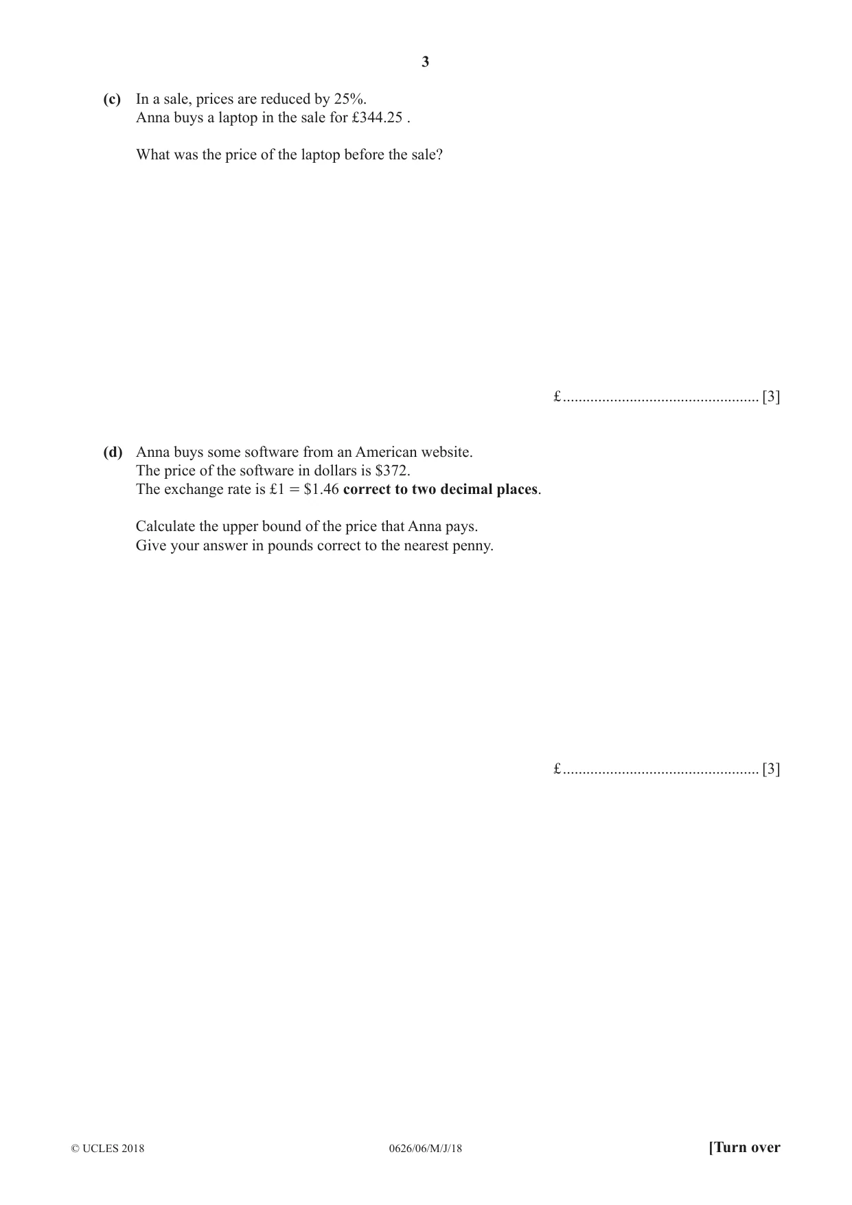 Cambridge IGCSE Mathematics (9-1) (UK only) 0626 2018 May/June Paper 6 · Variant 0 question paper, page 3 of 20