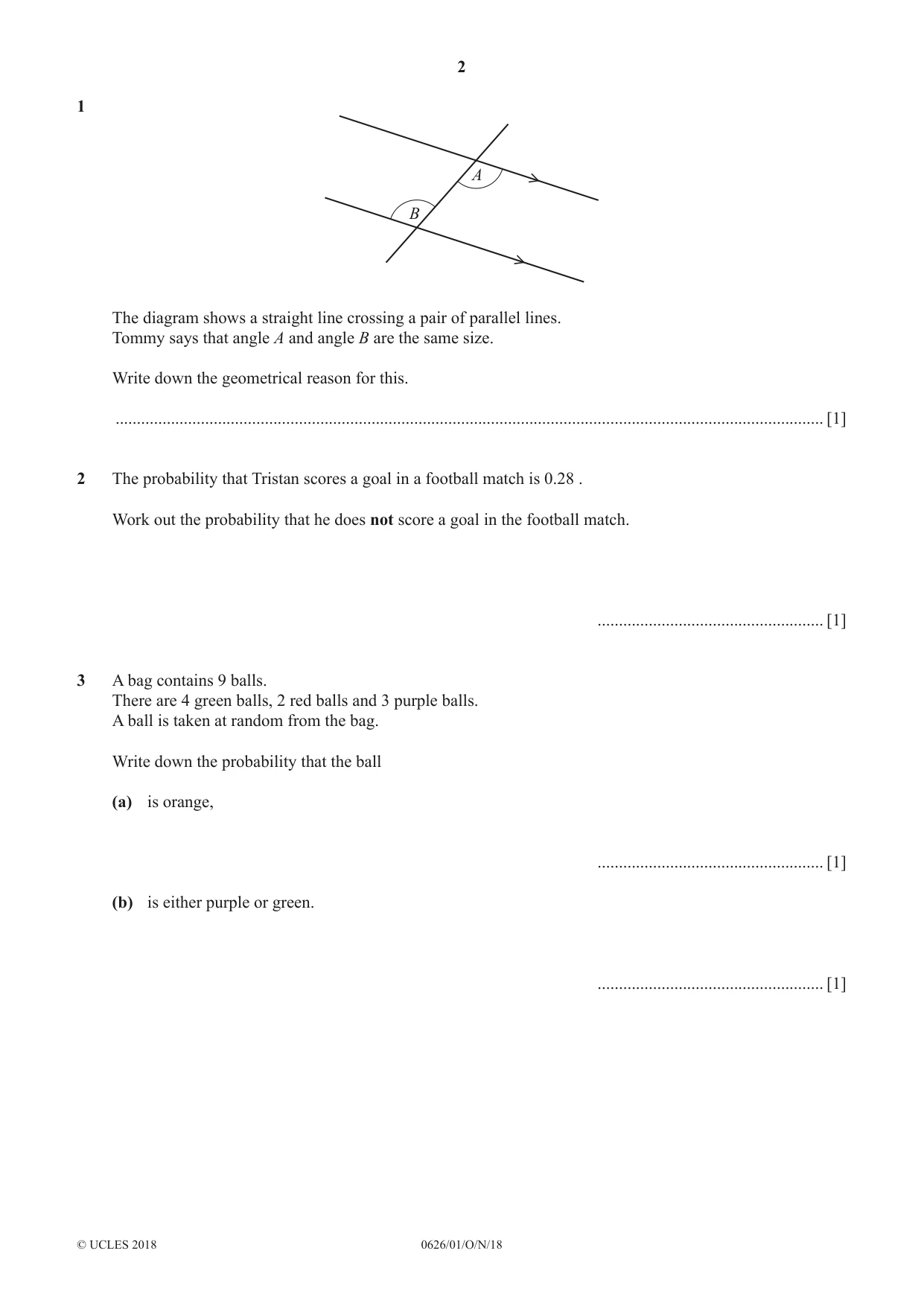 Cambridge IGCSE Mathematics (9-1) (UK only) 0626 2018 Oct/Nov Paper 1 · Variant 0 question paper, page 2 of 12