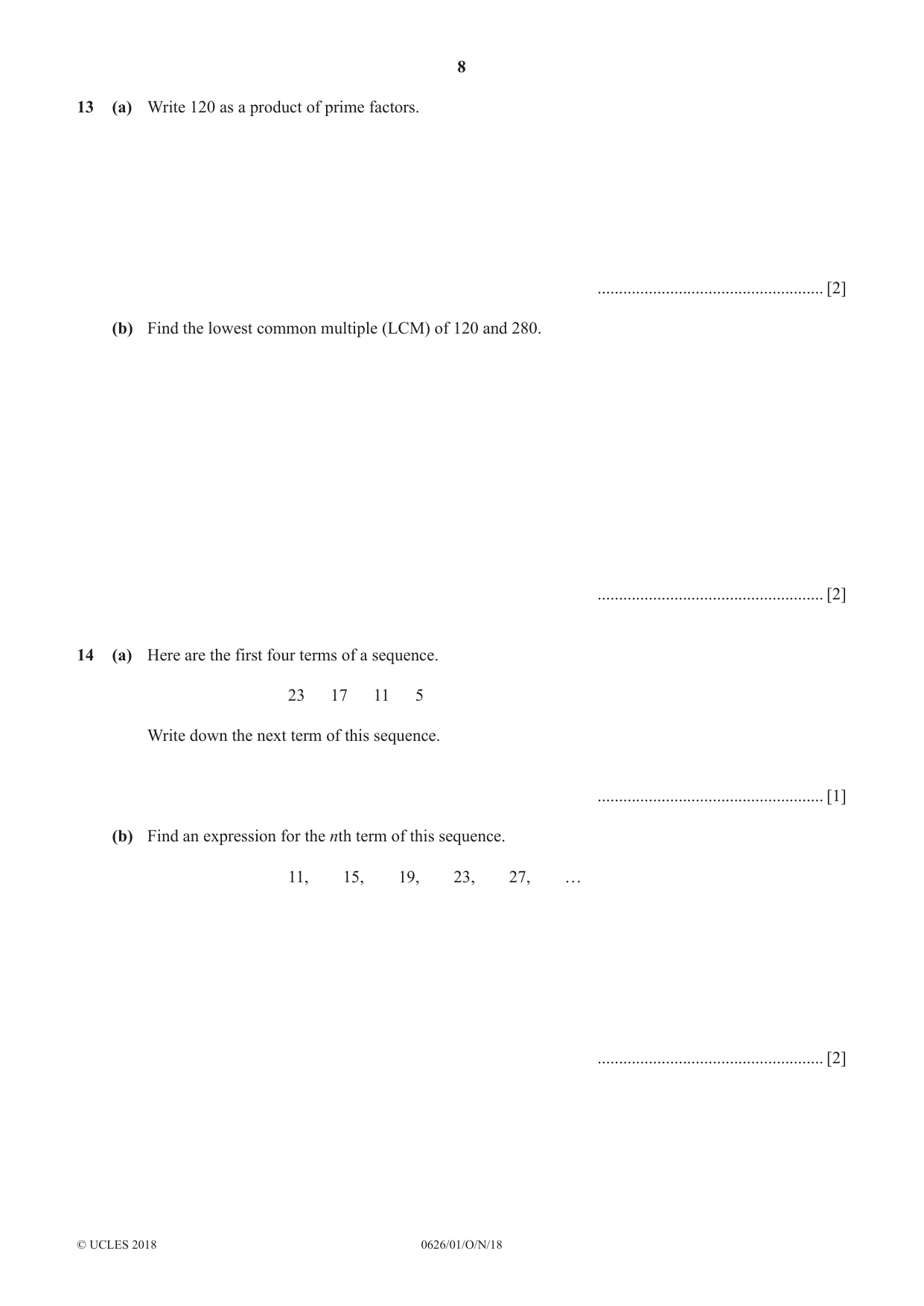 Cambridge IGCSE Mathematics (9-1) (UK only) 0626 2018 Oct/Nov Paper 1 · Variant 0 question paper, page 8 of 12