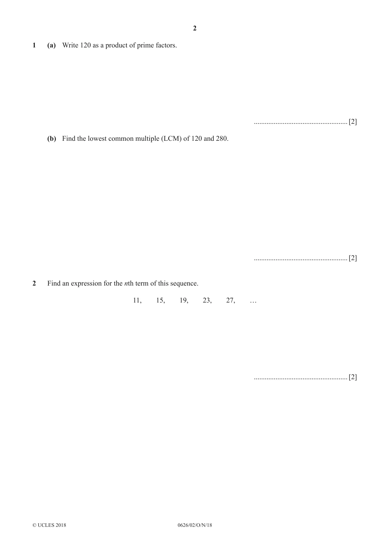 Cambridge IGCSE Mathematics (9-1) (UK only) 0626 2018 Oct/Nov Paper 2 · Variant 0 question paper, page 2 of 12