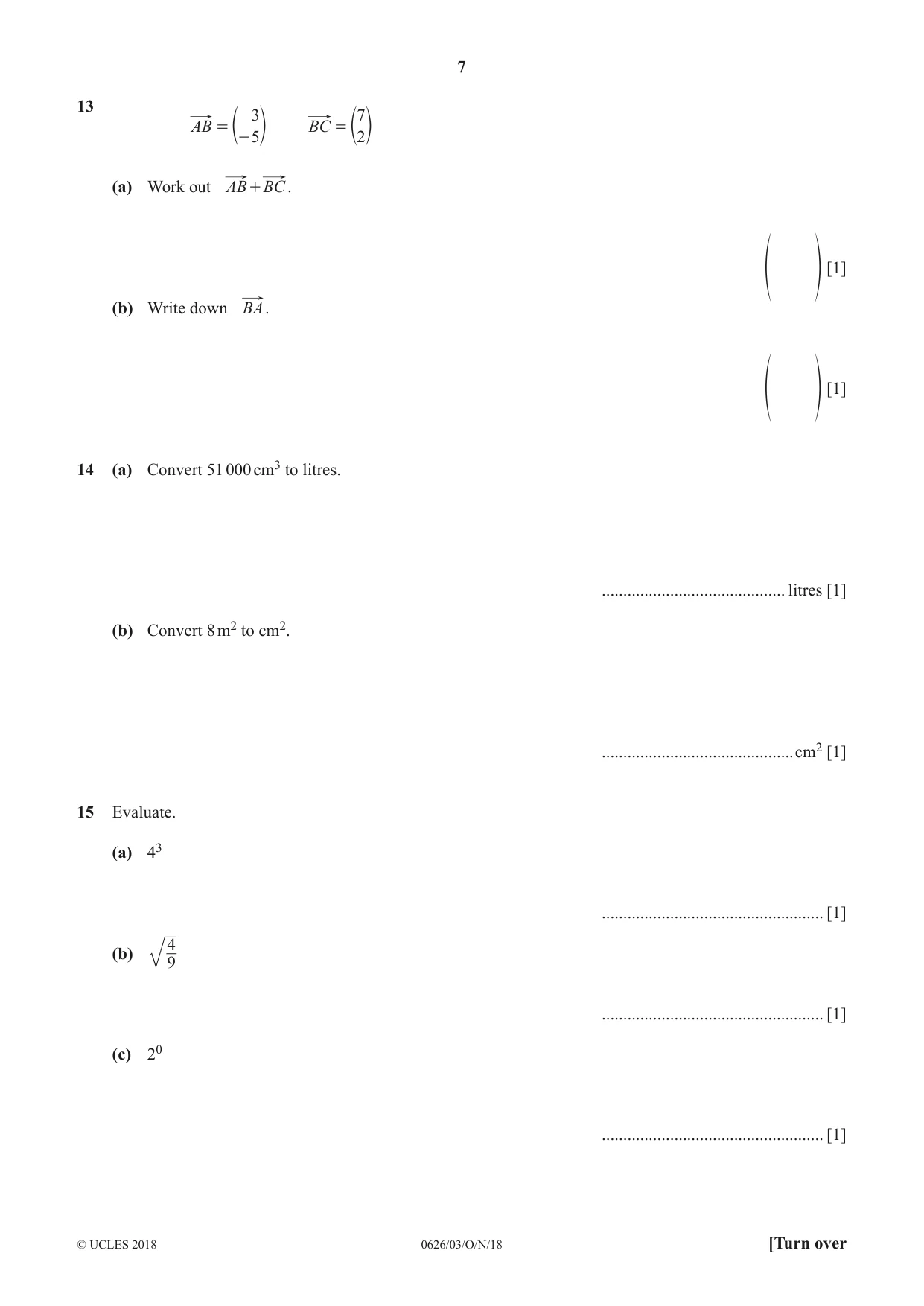 Cambridge IGCSE Mathematics (9-1) (UK only) 0626 2018 Oct/Nov Paper 3 · Variant 0 question paper, page 7 of 16