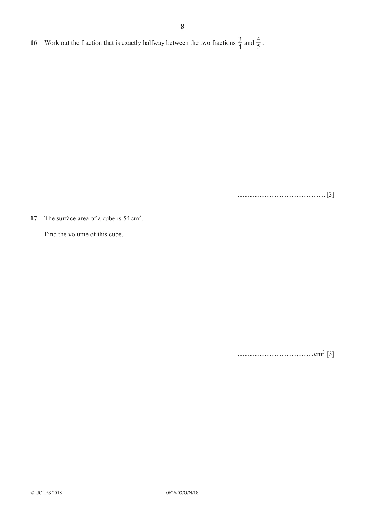 Cambridge IGCSE Mathematics (9-1) (UK only) 0626 2018 Oct/Nov Paper 3 · Variant 0 question paper, page 8 of 16