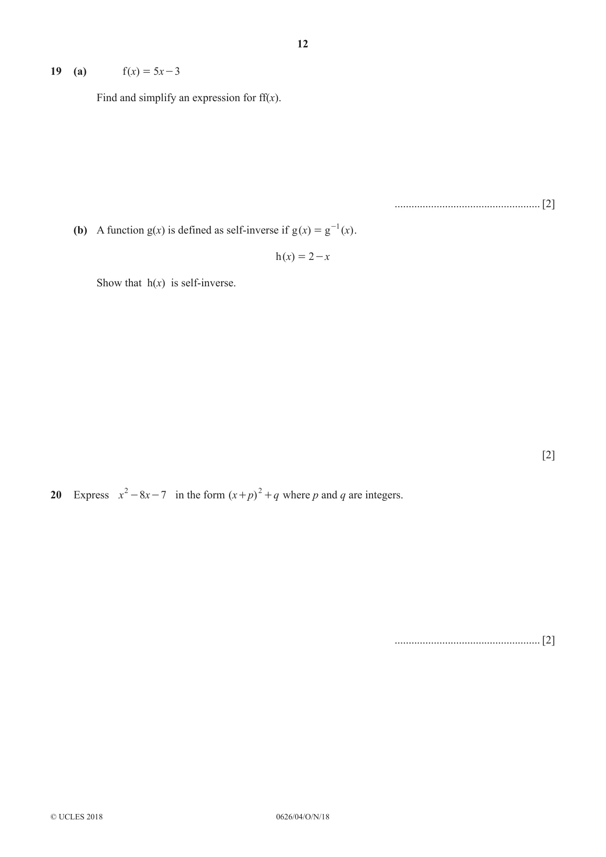 Cambridge IGCSE Mathematics (9-1) (UK only) 0626 2018 Oct/Nov Paper 4 · Variant 0 question paper, page 12 of 16