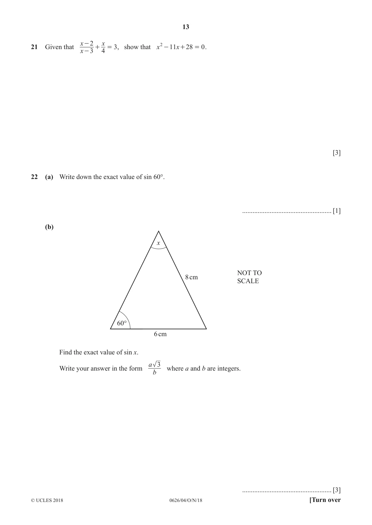 Cambridge IGCSE Mathematics (9-1) (UK only) 0626 2018 Oct/Nov Paper 4 · Variant 0 question paper, page 13 of 16