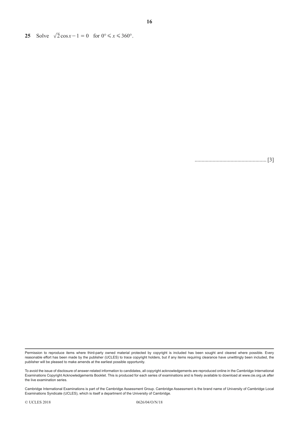 Cambridge IGCSE Mathematics (9-1) (UK only) 0626 2018 Oct/Nov Paper 4 · Variant 0 question paper, page 16 of 16