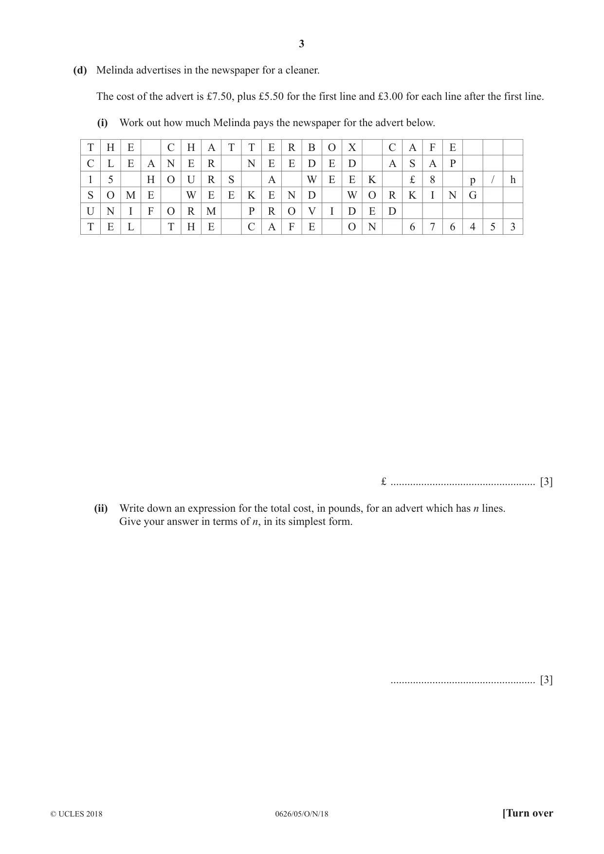 Cambridge IGCSE Mathematics (9-1) (UK only) 0626 2018 Oct/Nov Paper 5 · Variant 0 question paper, page 3 of 20
