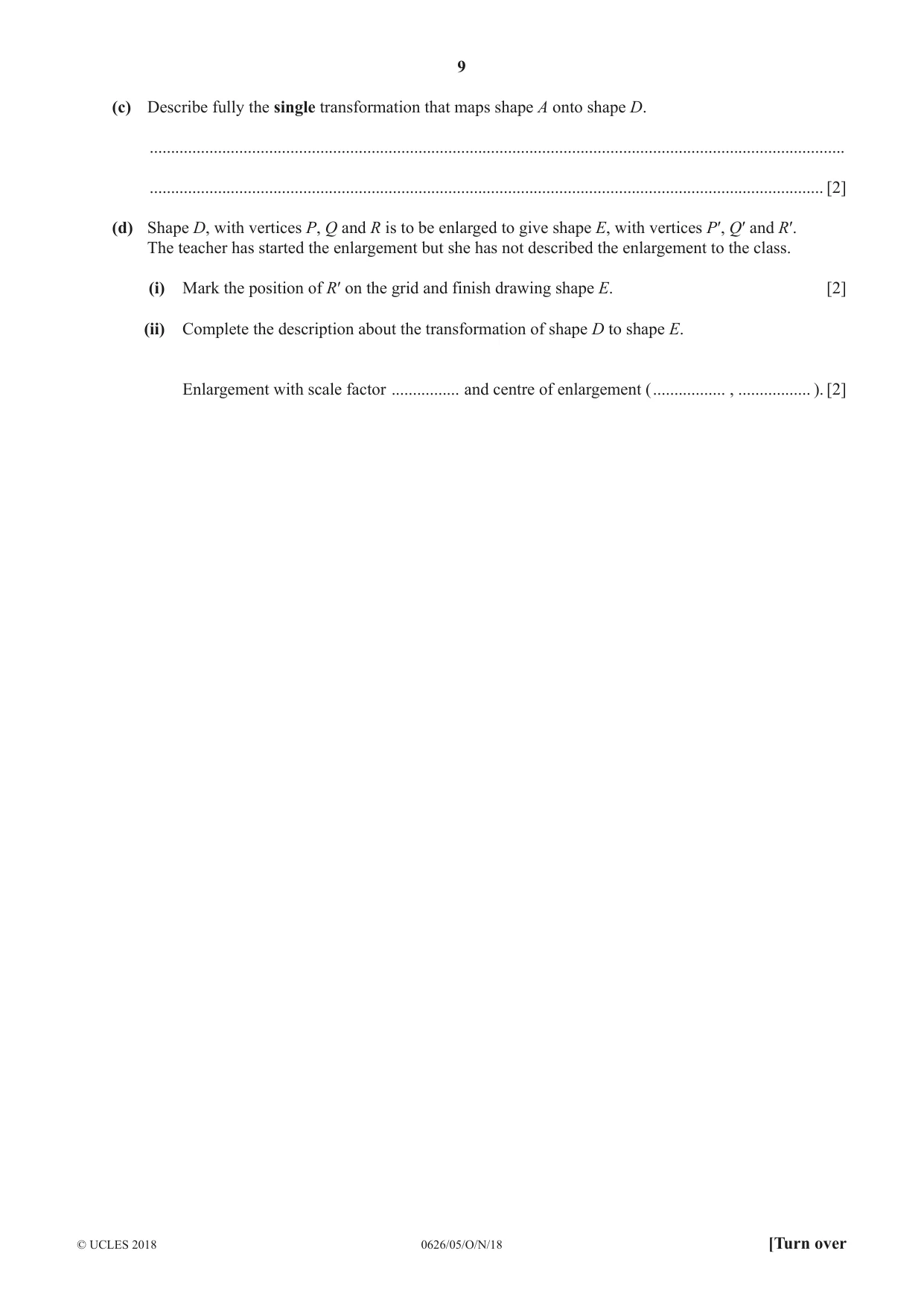 Cambridge IGCSE Mathematics (9-1) (UK only) 0626 2018 Oct/Nov Paper 5 · Variant 0 question paper, page 9 of 20