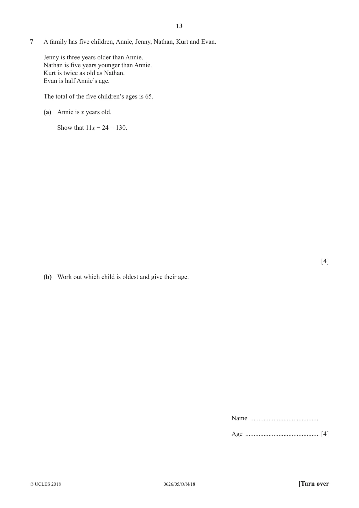 Cambridge IGCSE Mathematics (9-1) (UK only) 0626 2018 Oct/Nov Paper 5 · Variant 0 question paper, page 13 of 20