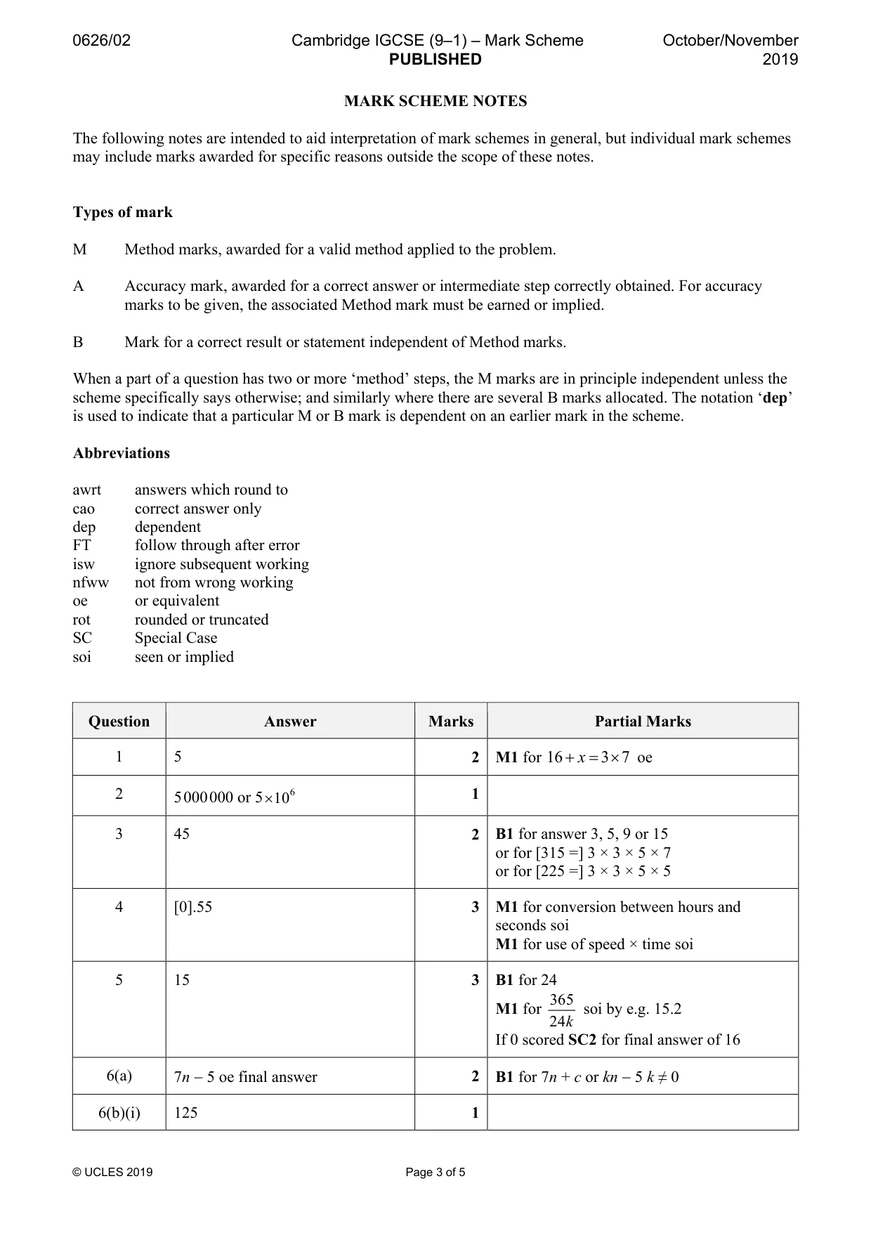 Mark scheme, page 3 of 5