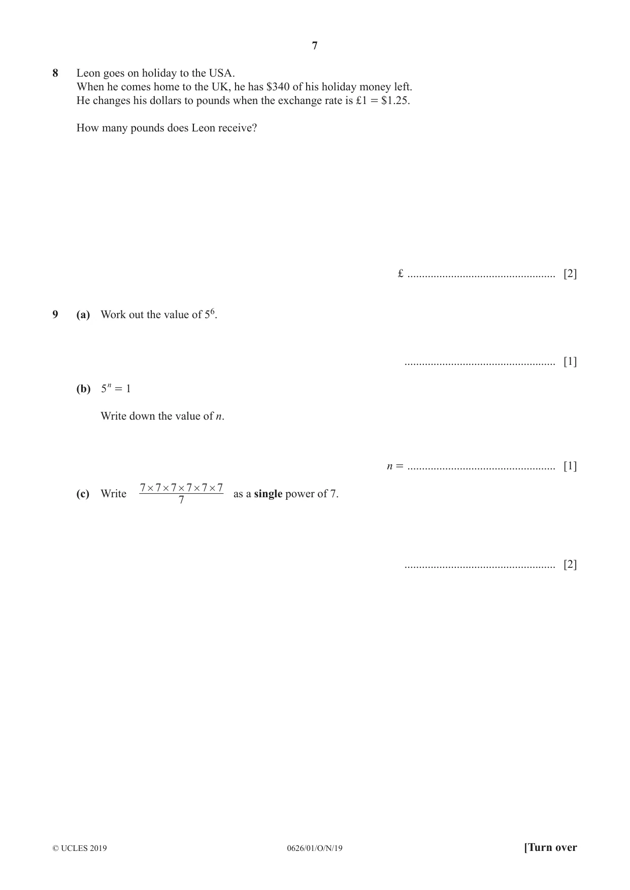 Cambridge IGCSE Mathematics (9-1) (UK only) 0626 2019 Oct/Nov Paper 1 · Variant 1 question paper, page 7 of 16