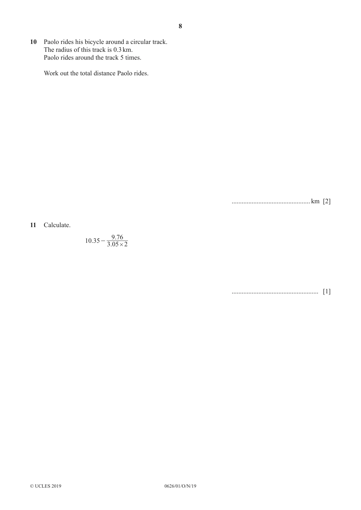 Cambridge IGCSE Mathematics (9-1) (UK only) 0626 2019 Oct/Nov Paper 1 · Variant 1 question paper, page 8 of 16