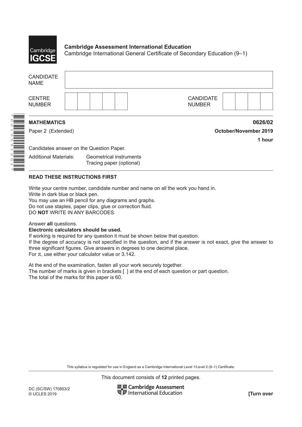 Cambridge IGCSE Mathematics (9-1) (UK only) 0626 2019 Oct/Nov Paper 2 · Variant 1 question paper, page 1 of 12