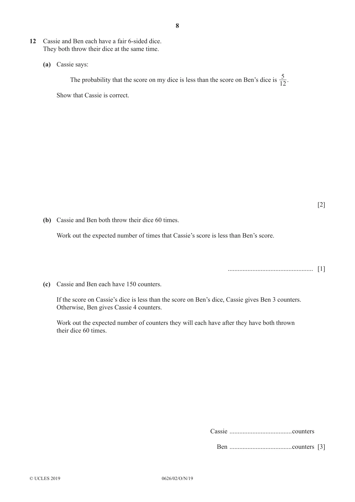 Cambridge IGCSE Mathematics (9-1) (UK only) 0626 2019 Oct/Nov Paper 2 · Variant 1 question paper, page 8 of 12