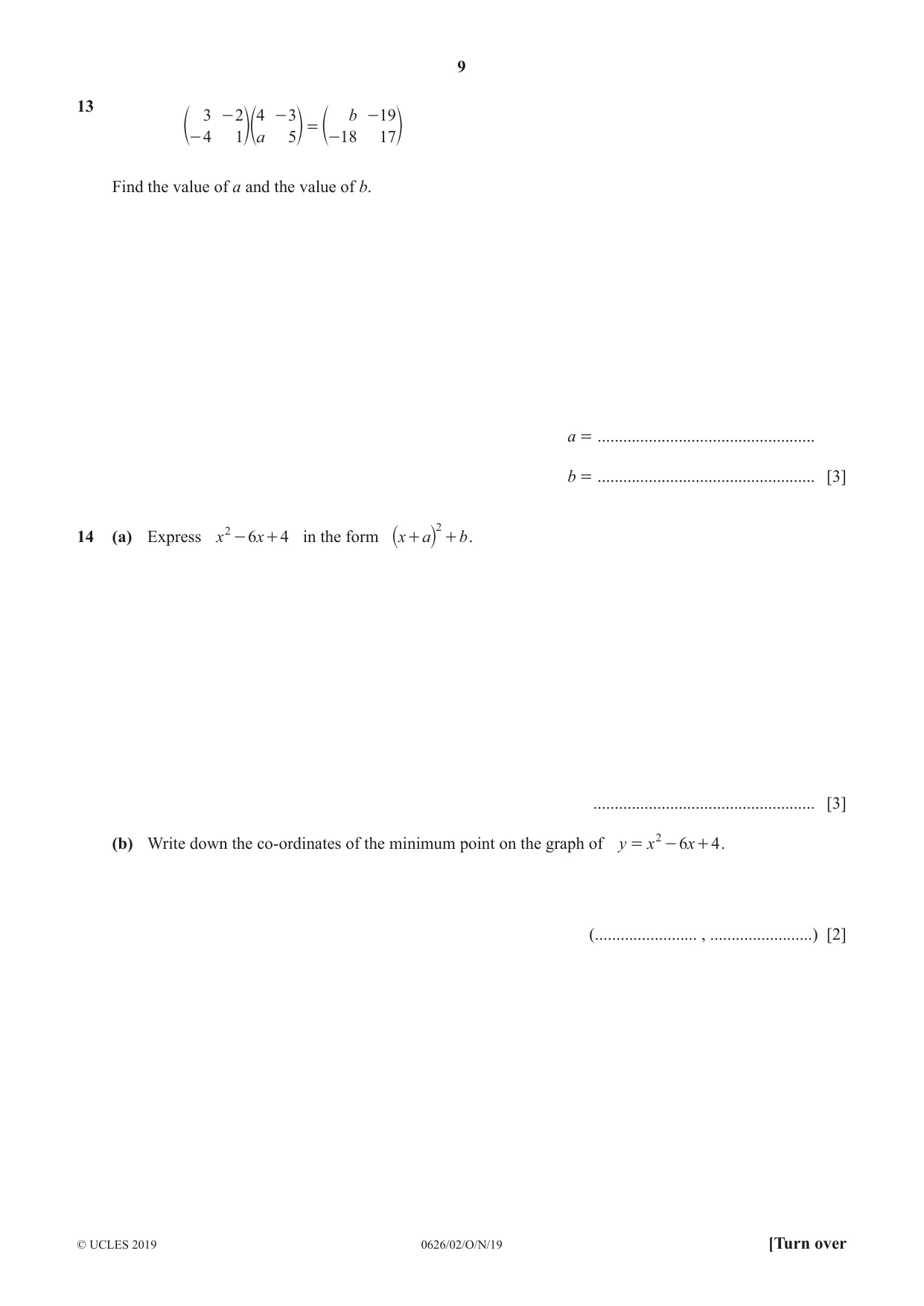 Cambridge IGCSE Mathematics (9-1) (UK only) 0626 2019 Oct/Nov Paper 2 · Variant 1 question paper, page 9 of 12