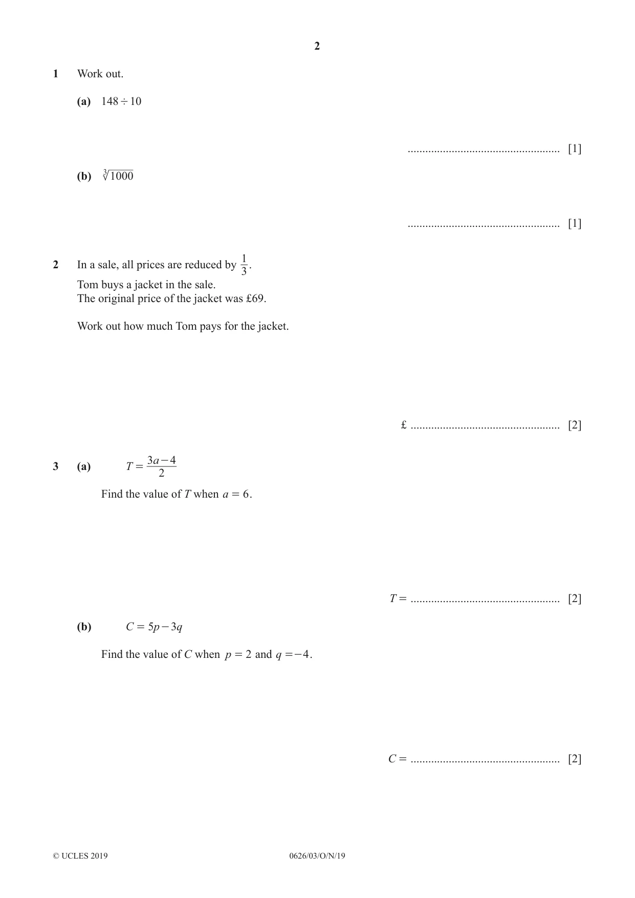 Cambridge IGCSE Mathematics (9-1) (UK only) 0626 2019 Oct/Nov Paper 3 · Variant 1 question paper, page 2 of 20