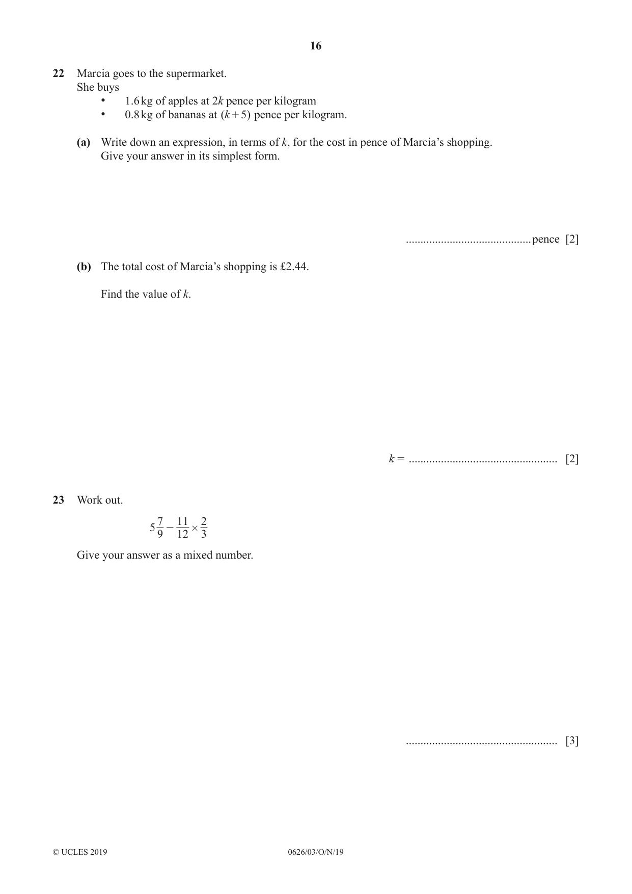 Cambridge IGCSE Mathematics (9-1) (UK only) 0626 2019 Oct/Nov Paper 3 · Variant 1 question paper, page 16 of 20